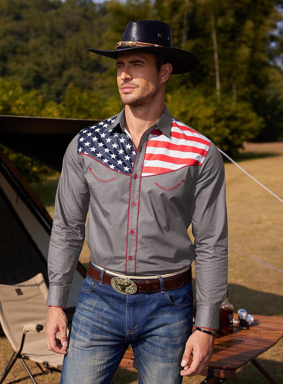 imageCOOFANDY Mens American Flag Button Down Shirt Western Cowboy Casual Long Sleeve Patriotic ShirtsGrey
