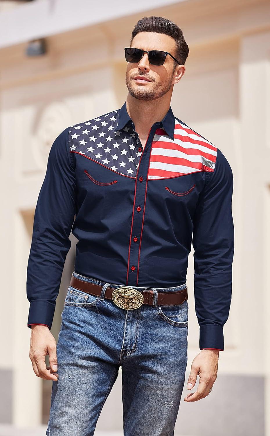 imageCOOFANDY Mens American Flag Button Down Shirt Western Cowboy Casual Long Sleeve Patriotic ShirtsNavy Blue