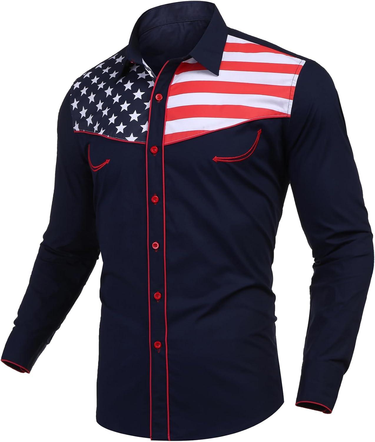 imageCOOFANDY Mens American Flag Button Down Shirt Western Cowboy Casual Long Sleeve Patriotic ShirtsNavy Blue