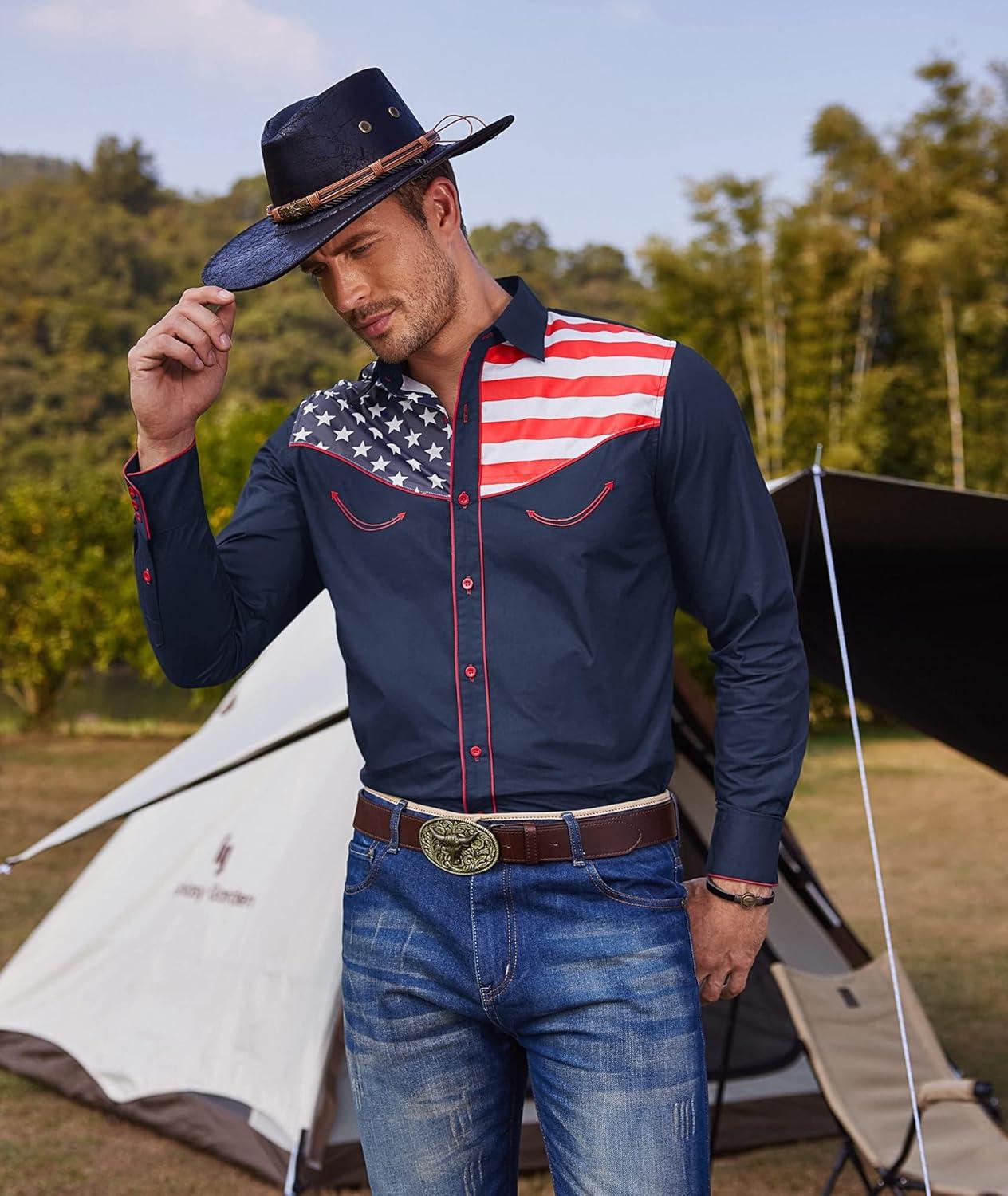 imageCOOFANDY Mens American Flag Button Down Shirt Western Cowboy Casual Long Sleeve Patriotic ShirtsNavy Blue