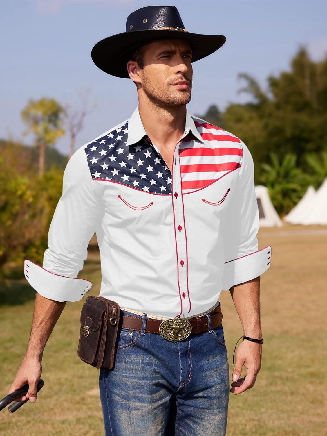 imageCOOFANDY Mens American Flag Button Down Shirt Western Cowboy Casual Long Sleeve Patriotic ShirtsWhite