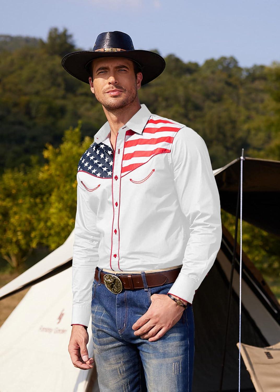 imageCOOFANDY Mens American Flag Button Down Shirt Western Cowboy Casual Long Sleeve Patriotic ShirtsWhite