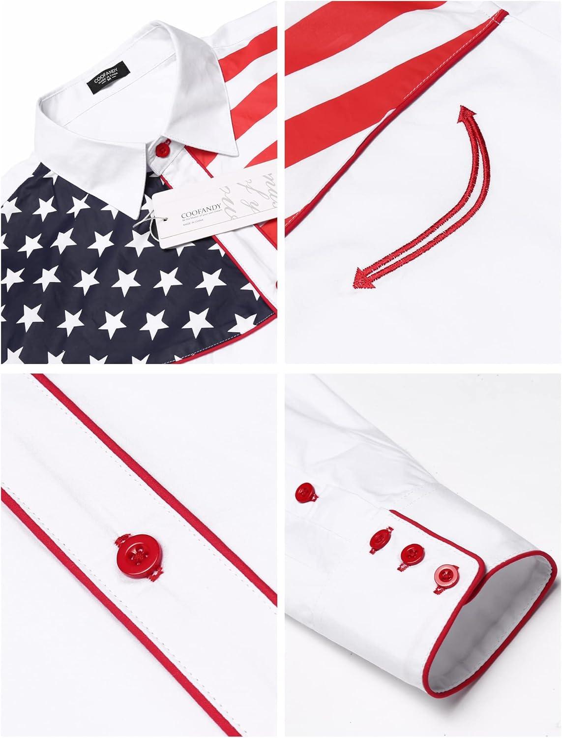 imageCOOFANDY Mens American Flag Button Down Shirt Western Cowboy Casual Long Sleeve Patriotic ShirtsWhite