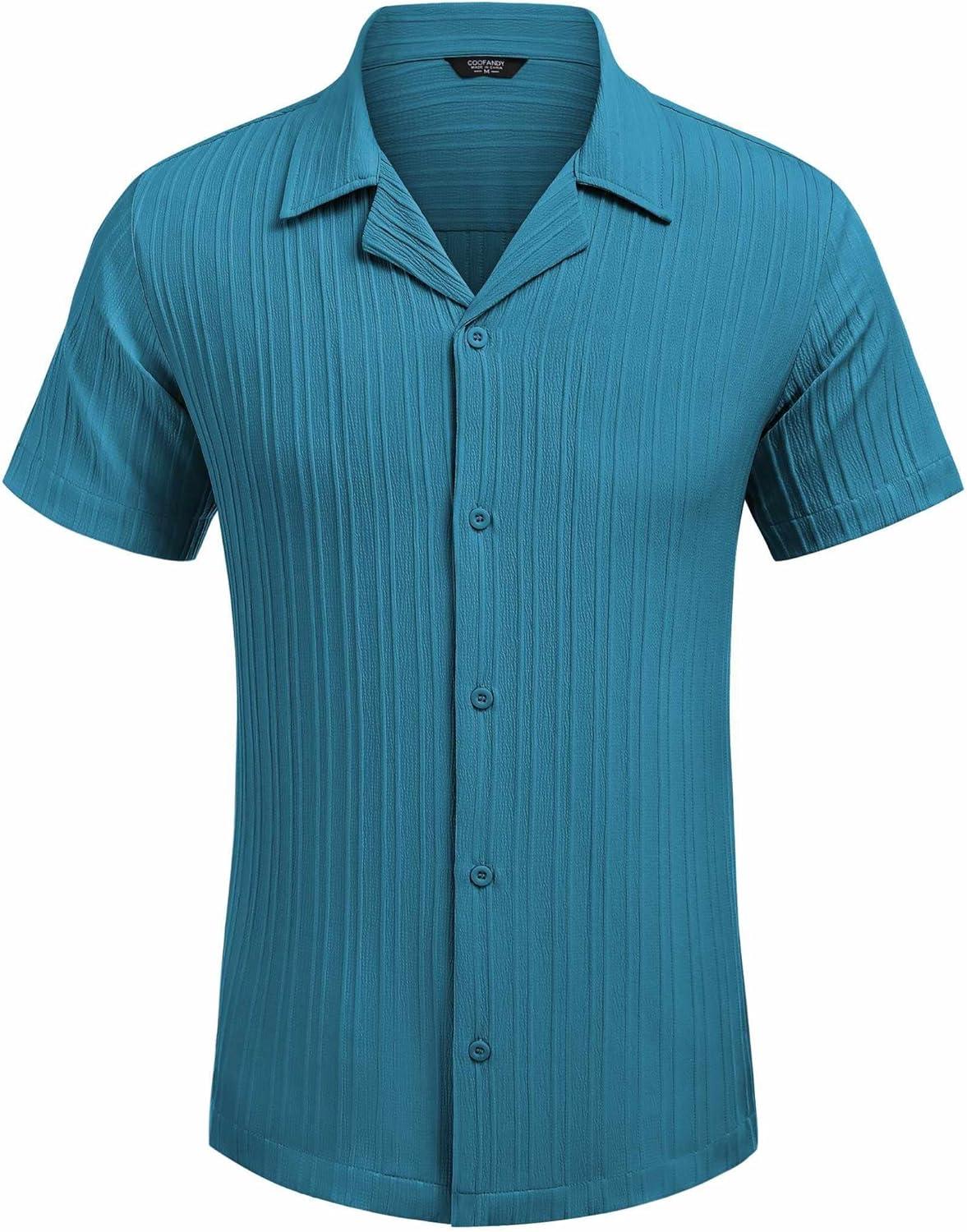 imageCOOFANDY Mens Beach Shirt Short Sleeve Button Down Shirts Casual Cuban Collared Summer Vacation Tropical ShirtsTeal