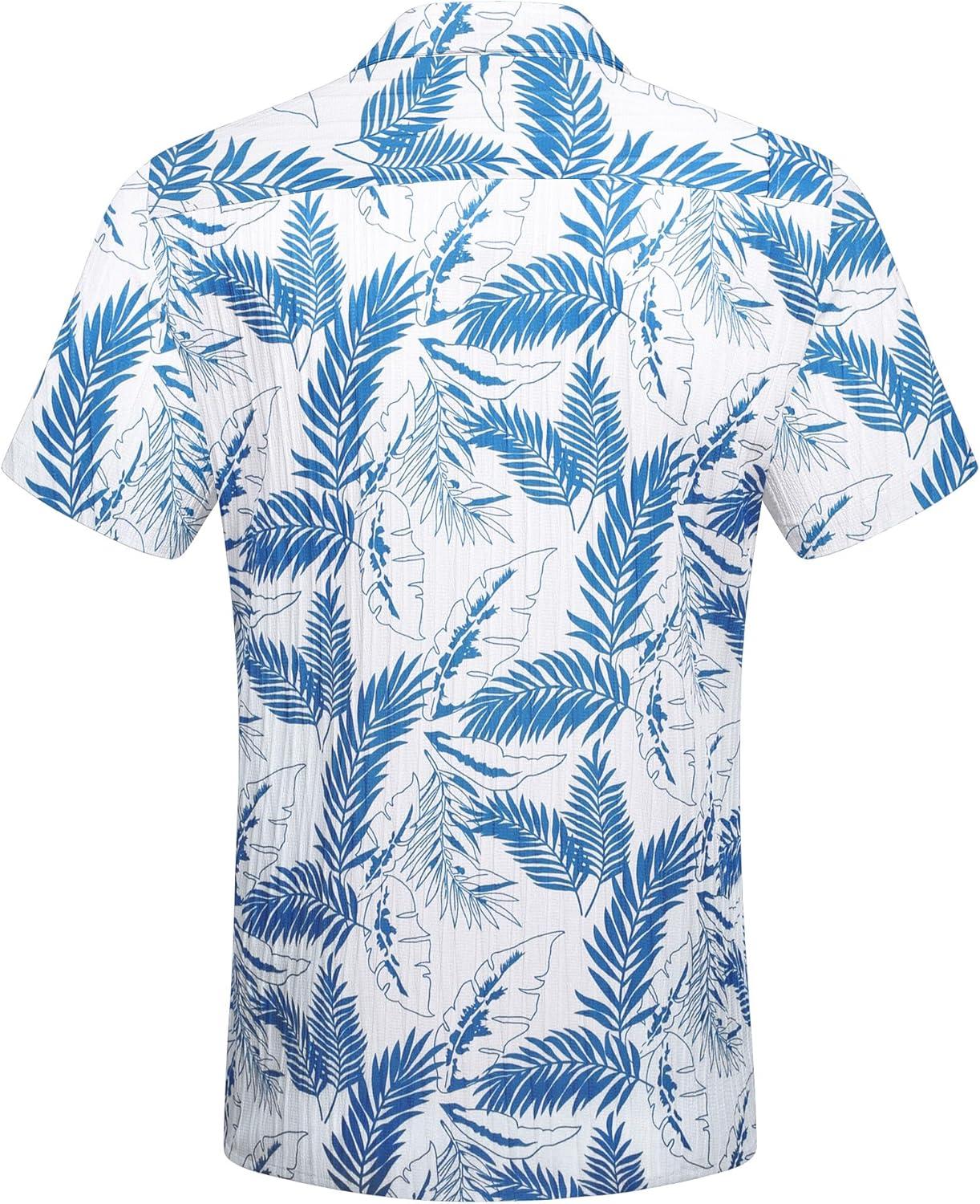 imageCOOFANDY Mens Beach Shirt Short Sleeve Button Down Shirts Casual Cuban Collared Summer Vacation Tropical ShirtsWhiteblue Leaves