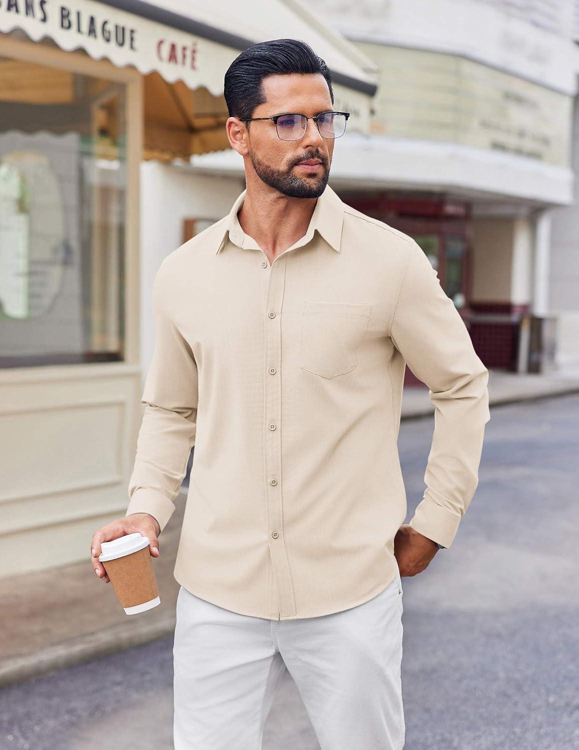 imageCOOFANDY Mens Button Down Shirt Casual Untucked Shirts Long Sleeve Dress Shirt with PocketBeige