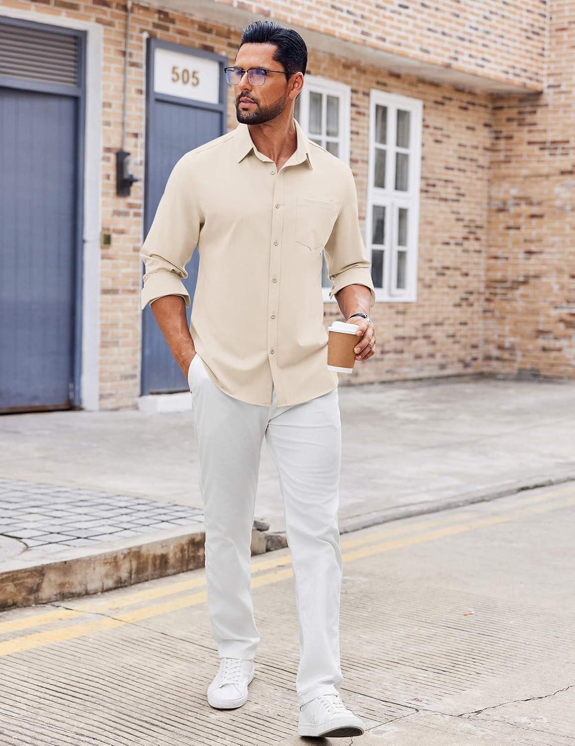 imageCOOFANDY Mens Button Down Shirt Casual Untucked Shirts Long Sleeve Dress Shirt with PocketBeige