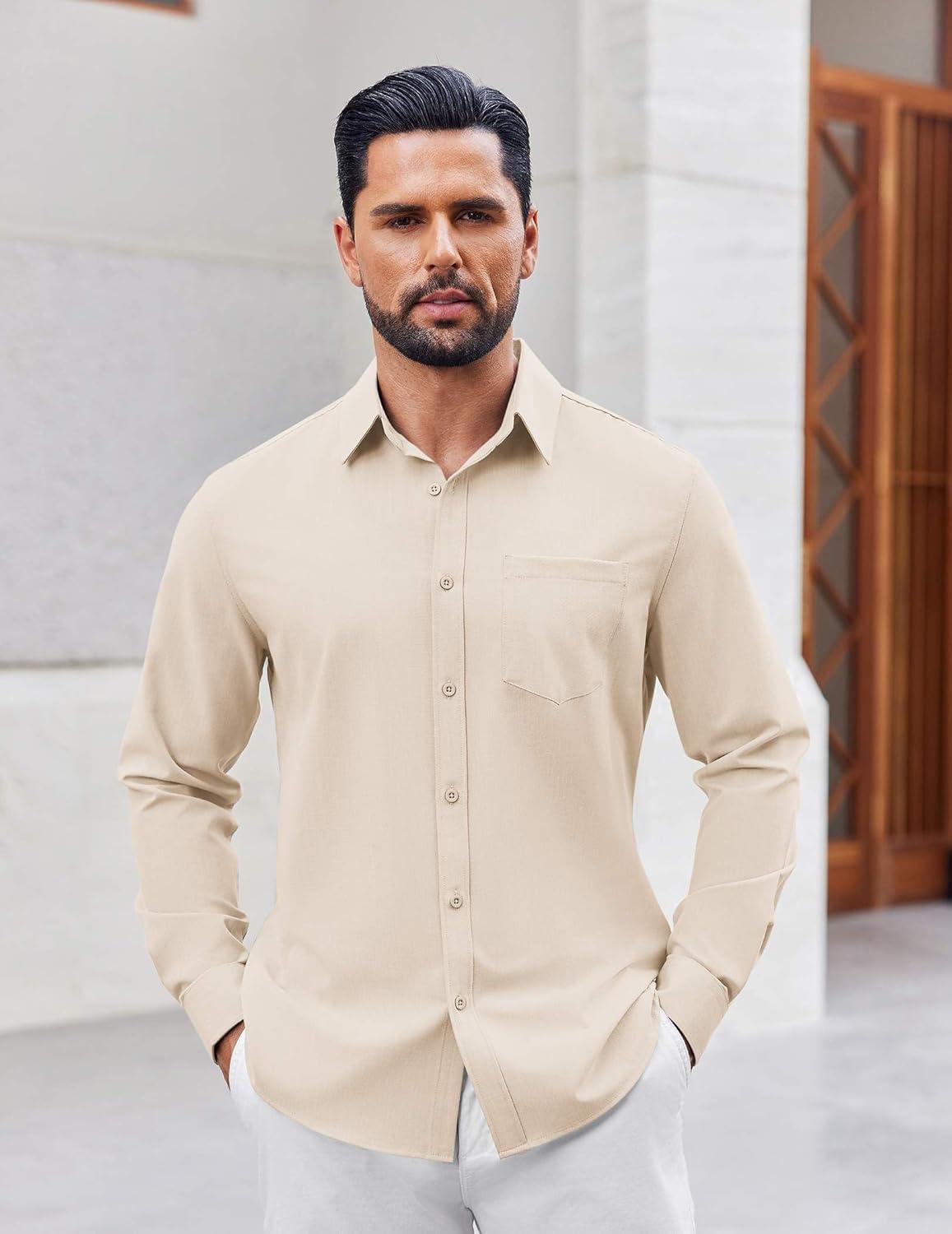 imageCOOFANDY Mens Button Down Shirt Casual Untucked Shirts Long Sleeve Dress Shirt with PocketBeige