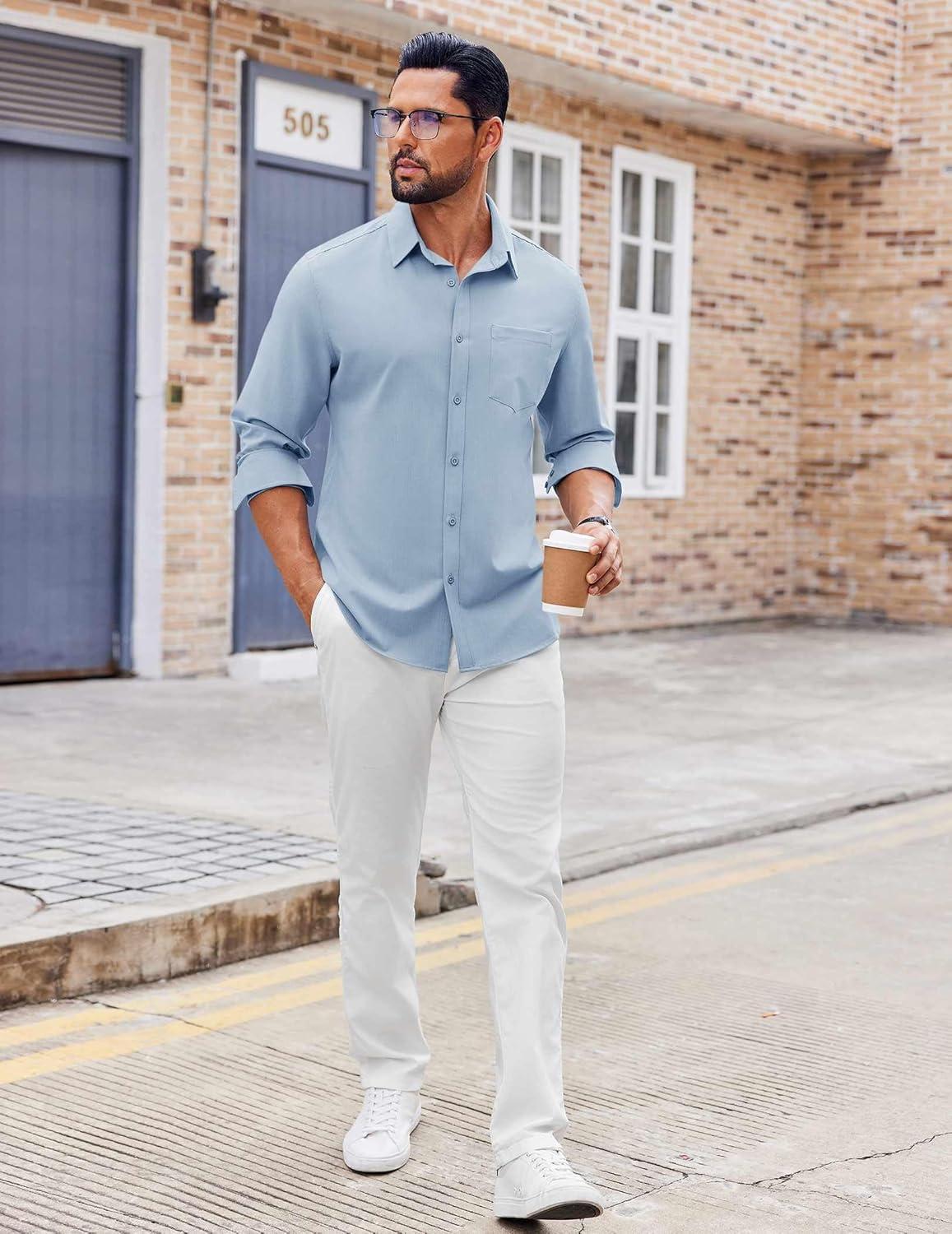 imageCOOFANDY Mens Button Down Shirt Casual Untucked Shirts Long Sleeve Dress Shirt with PocketBlue