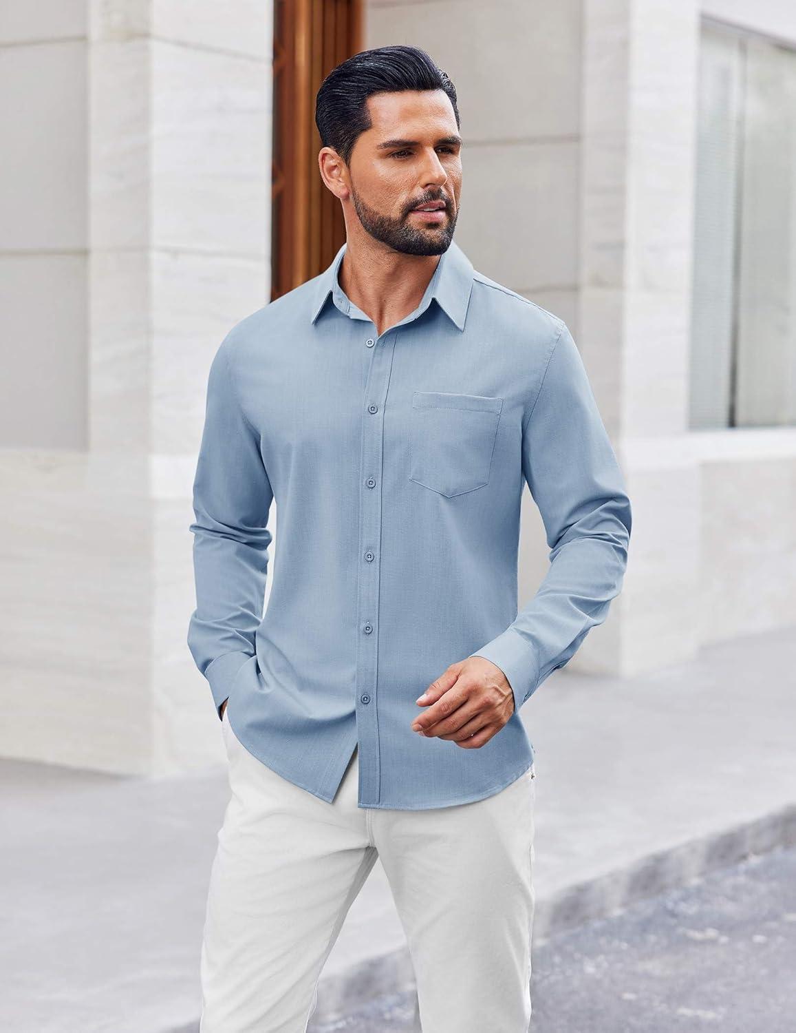 imageCOOFANDY Mens Button Down Shirt Casual Untucked Shirts Long Sleeve Dress Shirt with PocketBlue