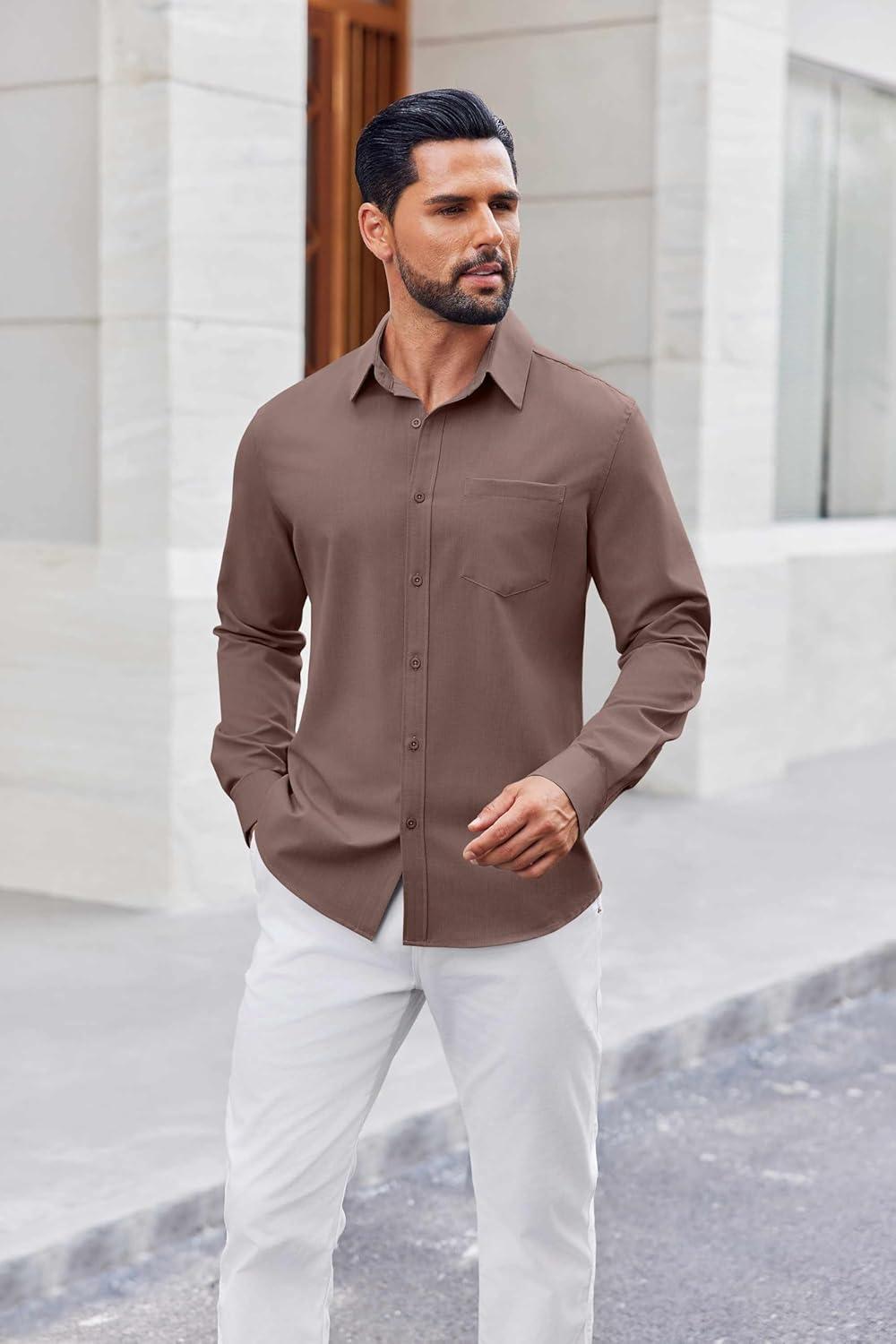 imageCOOFANDY Mens Button Down Shirt Casual Untucked Shirts Long Sleeve Dress Shirt with PocketBrown