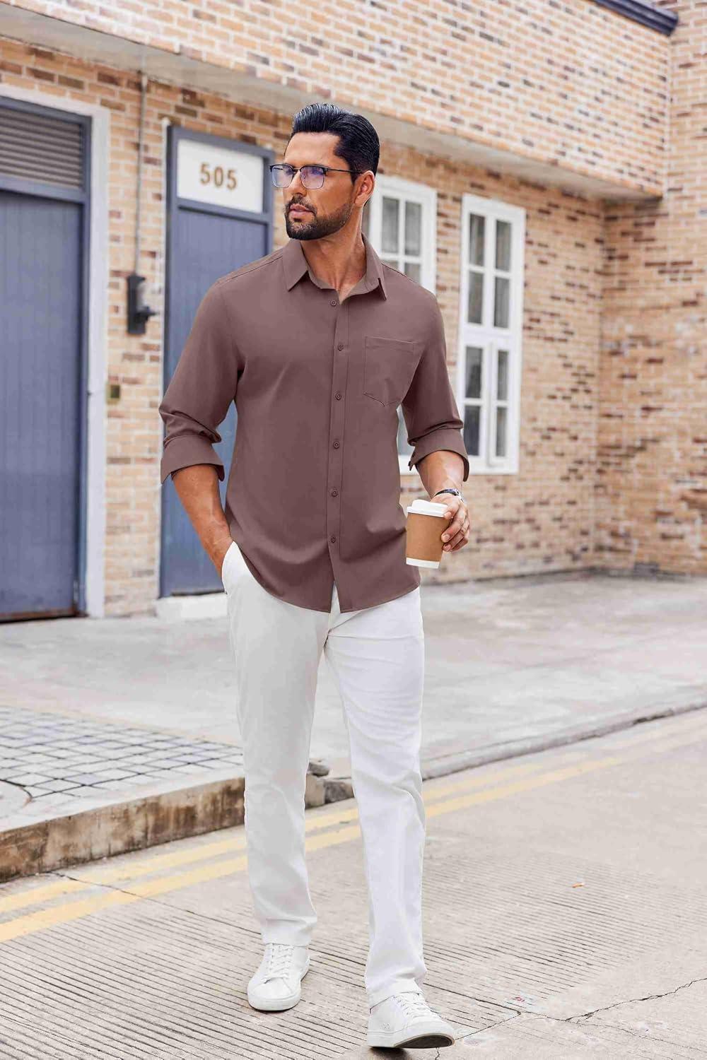 imageCOOFANDY Mens Button Down Shirt Casual Untucked Shirts Long Sleeve Dress Shirt with PocketBrown