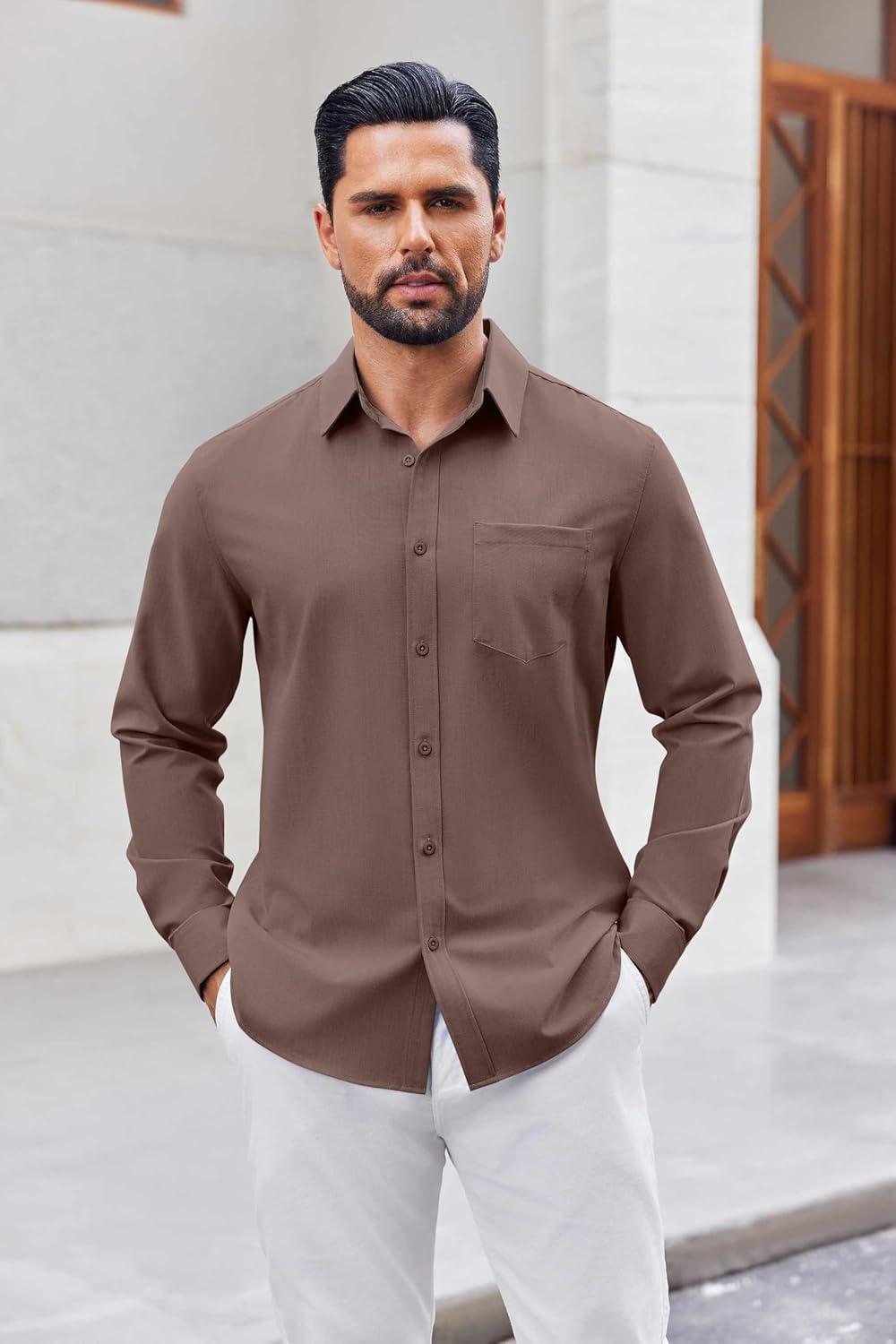 imageCOOFANDY Mens Button Down Shirt Casual Untucked Shirts Long Sleeve Dress Shirt with PocketBrown