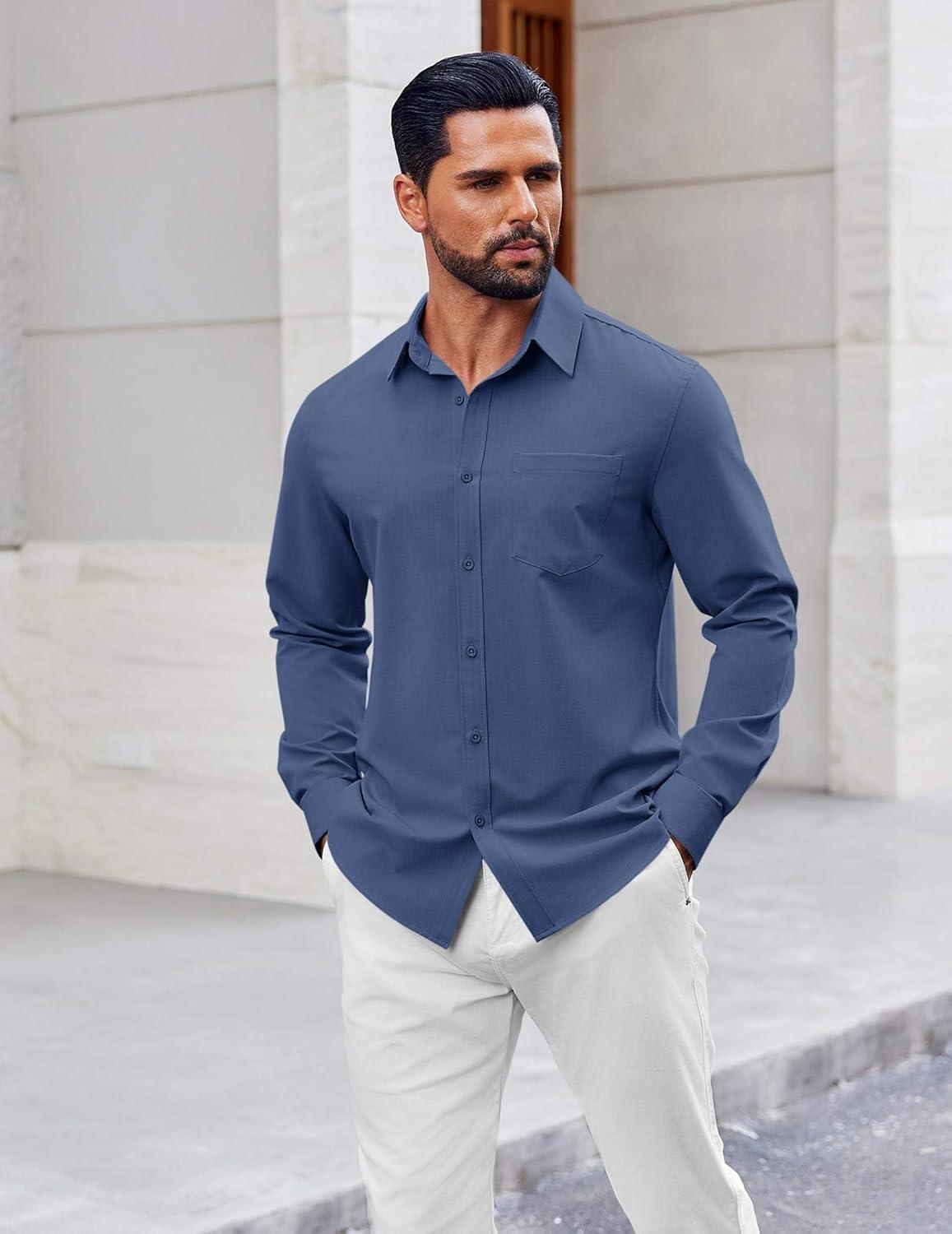 imageCOOFANDY Mens Button Down Shirt Casual Untucked Shirts Long Sleeve Dress Shirt with PocketDark Blue