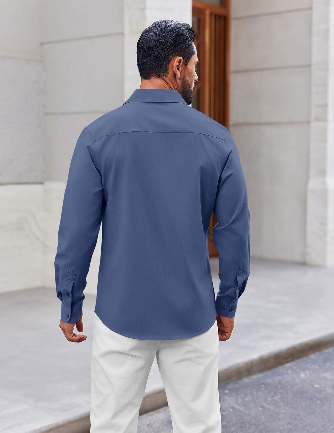 imageCOOFANDY Mens Button Down Shirt Casual Untucked Shirts Long Sleeve Dress Shirt with PocketDark Blue