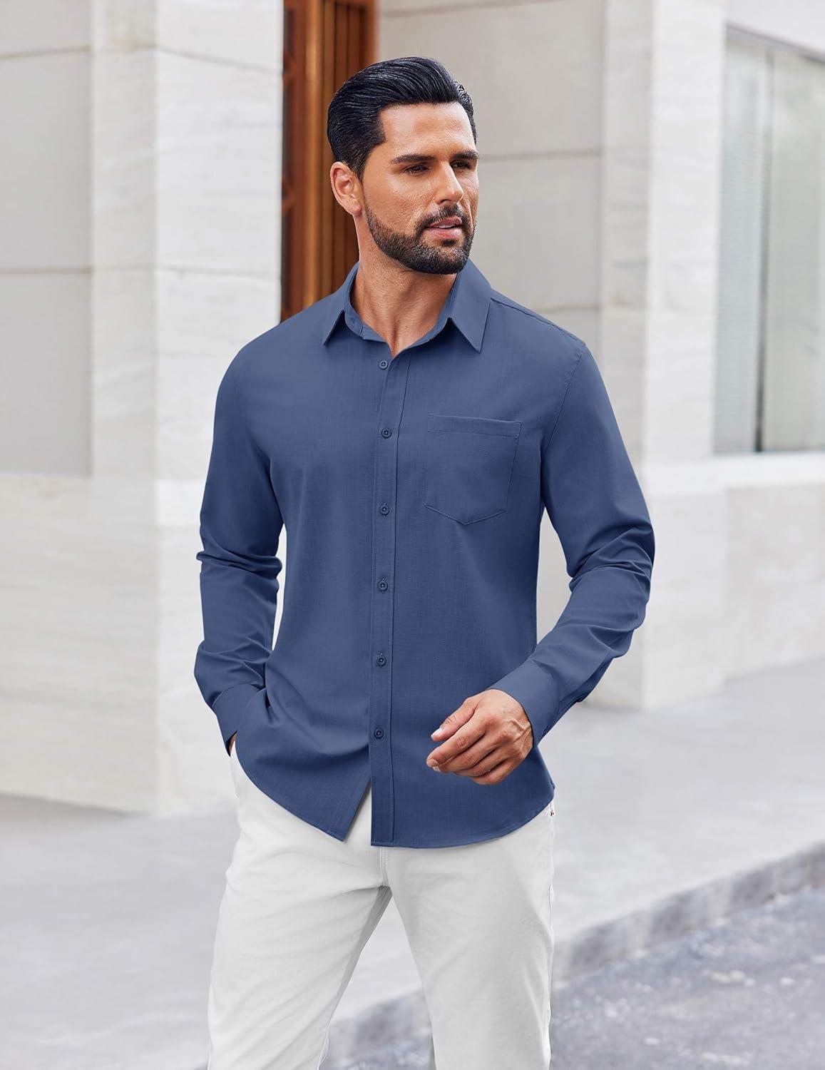 imageCOOFANDY Mens Button Down Shirt Casual Untucked Shirts Long Sleeve Dress Shirt with PocketDark Blue