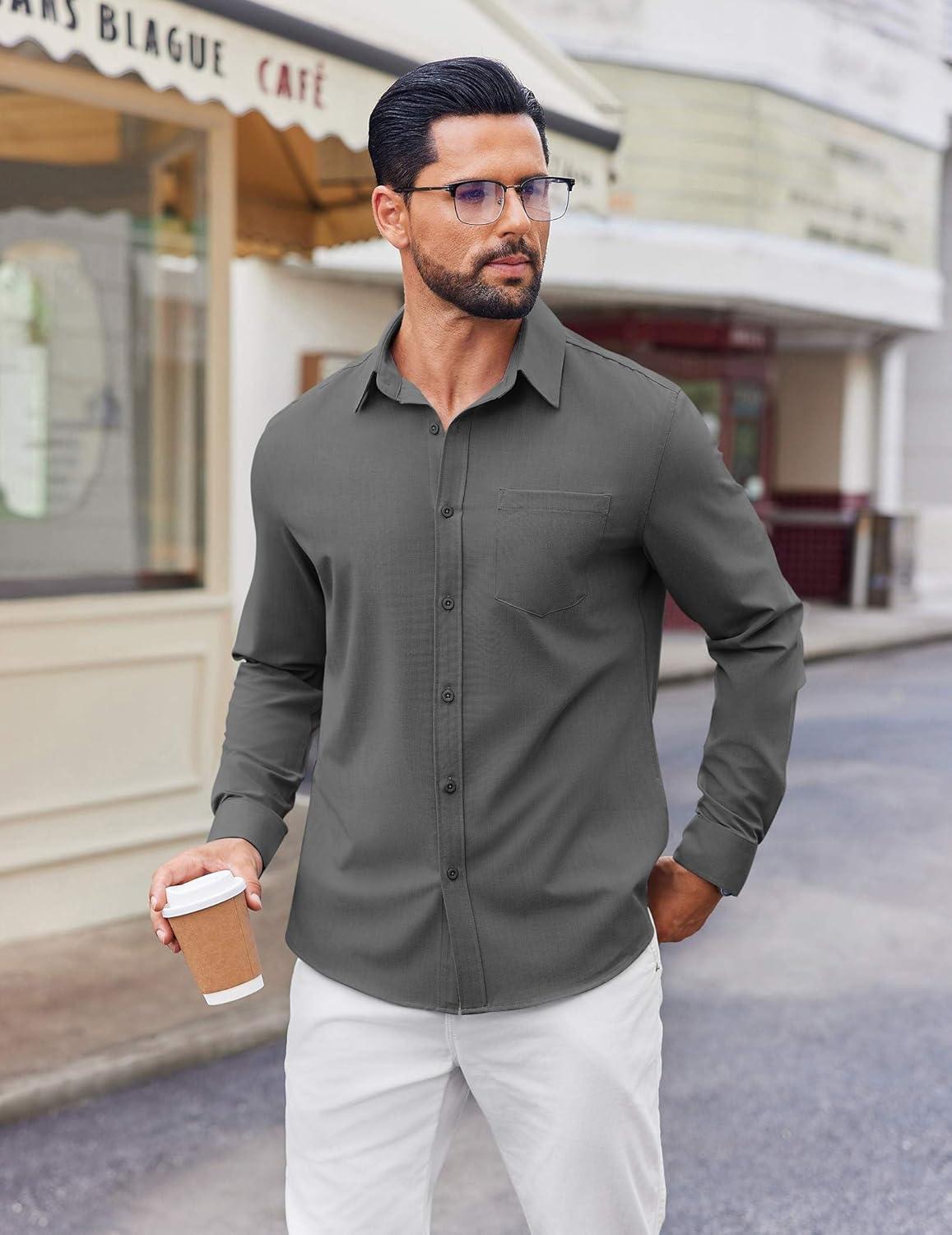 imageCOOFANDY Mens Button Down Shirt Casual Untucked Shirts Long Sleeve Dress Shirt with PocketDark Grey