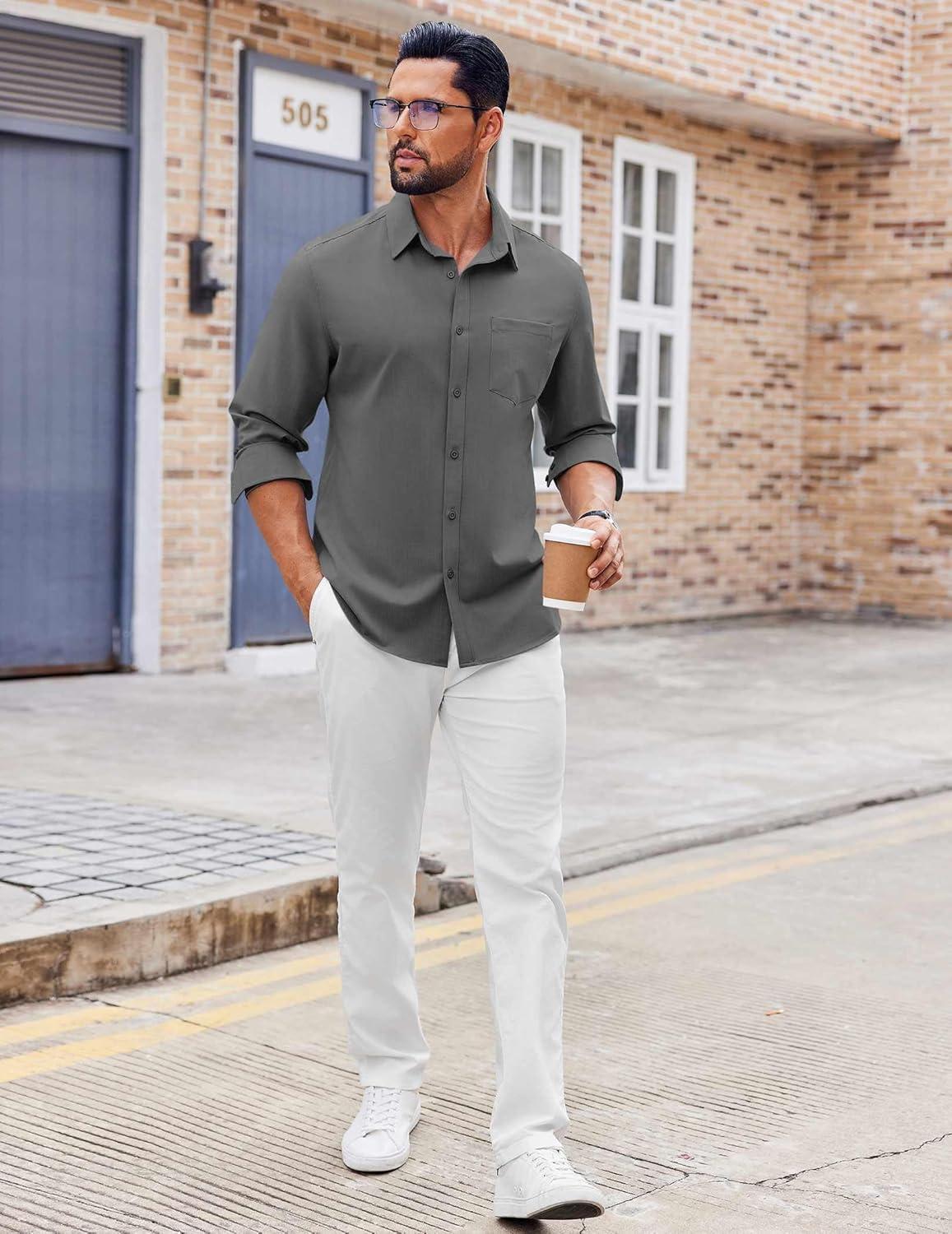 imageCOOFANDY Mens Button Down Shirt Casual Untucked Shirts Long Sleeve Dress Shirt with PocketDark Grey