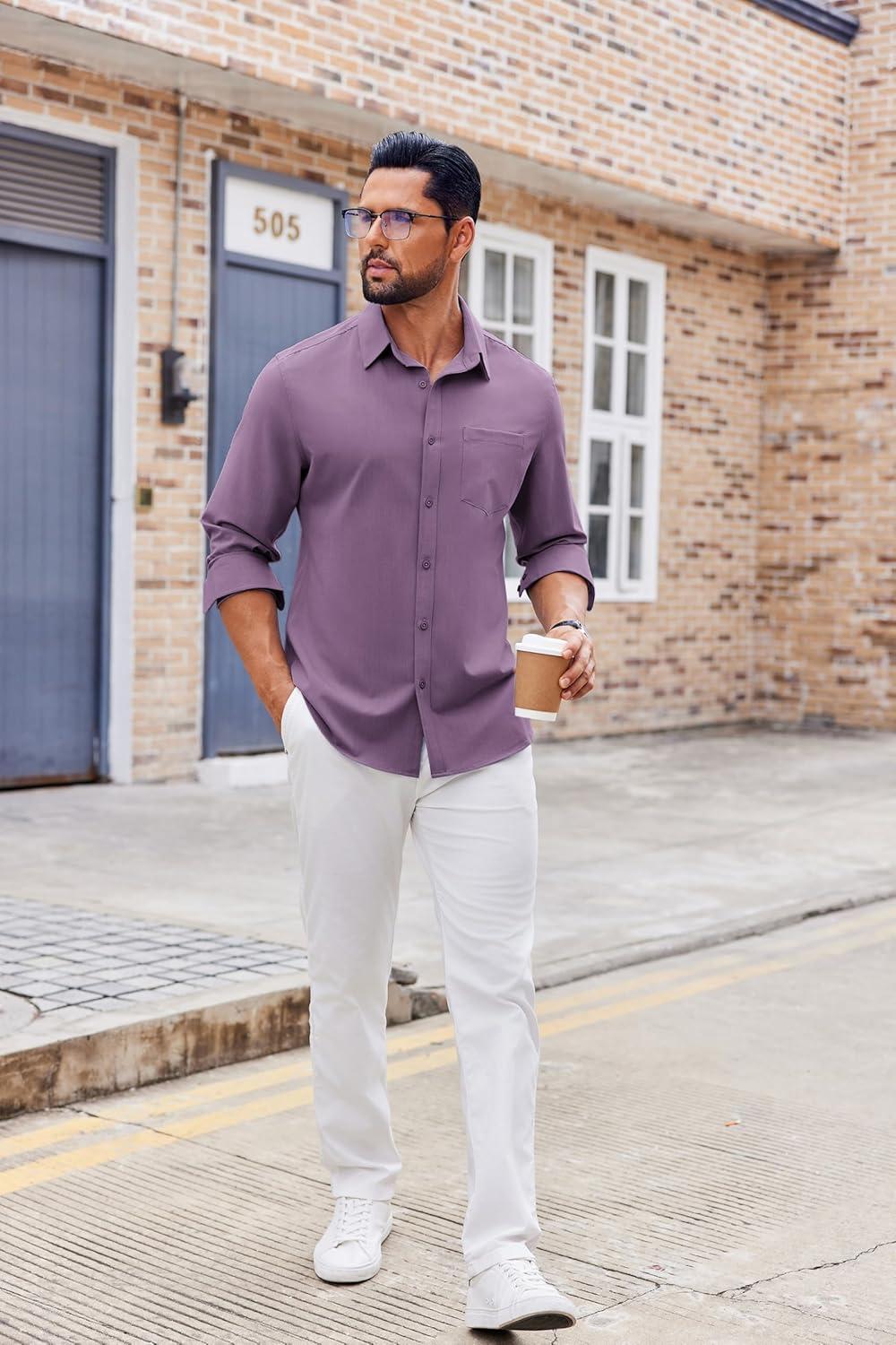 imageCOOFANDY Mens Button Down Shirt Casual Untucked Shirts Long Sleeve Dress Shirt with PocketDeep Purple