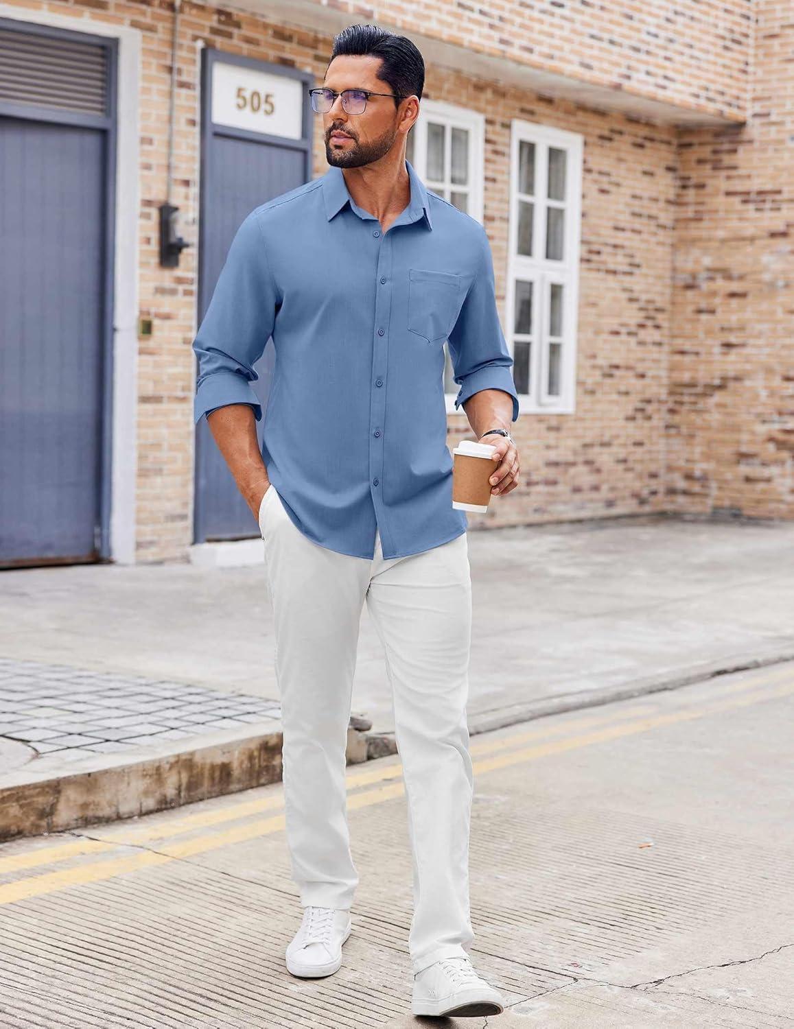 imageCOOFANDY Mens Button Down Shirt Casual Untucked Shirts Long Sleeve Dress Shirt with PocketDenim Blue