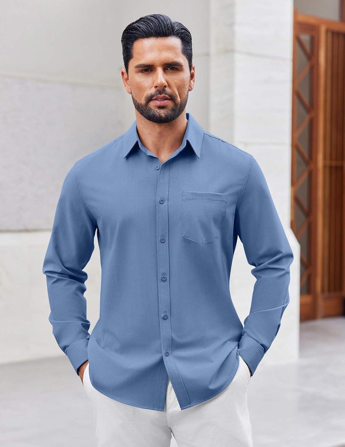 imageCOOFANDY Mens Button Down Shirt Casual Untucked Shirts Long Sleeve Dress Shirt with PocketDenim Blue