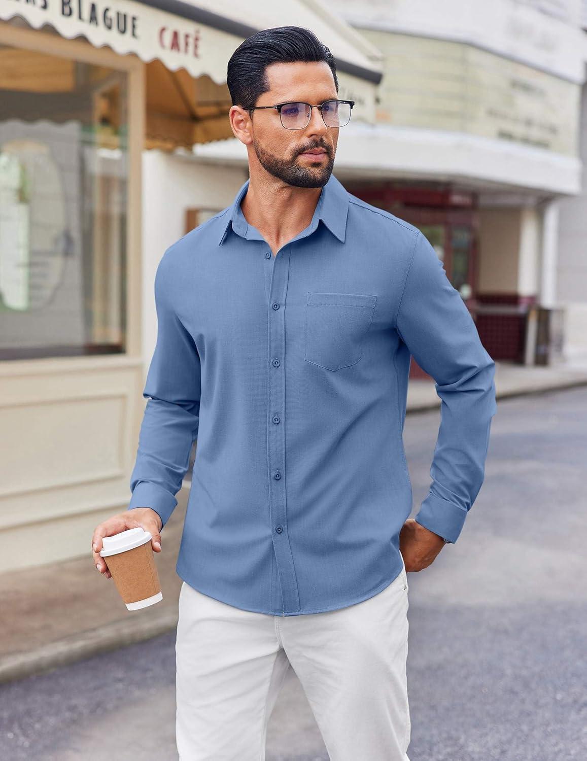 imageCOOFANDY Mens Button Down Shirt Casual Untucked Shirts Long Sleeve Dress Shirt with PocketDenim Blue