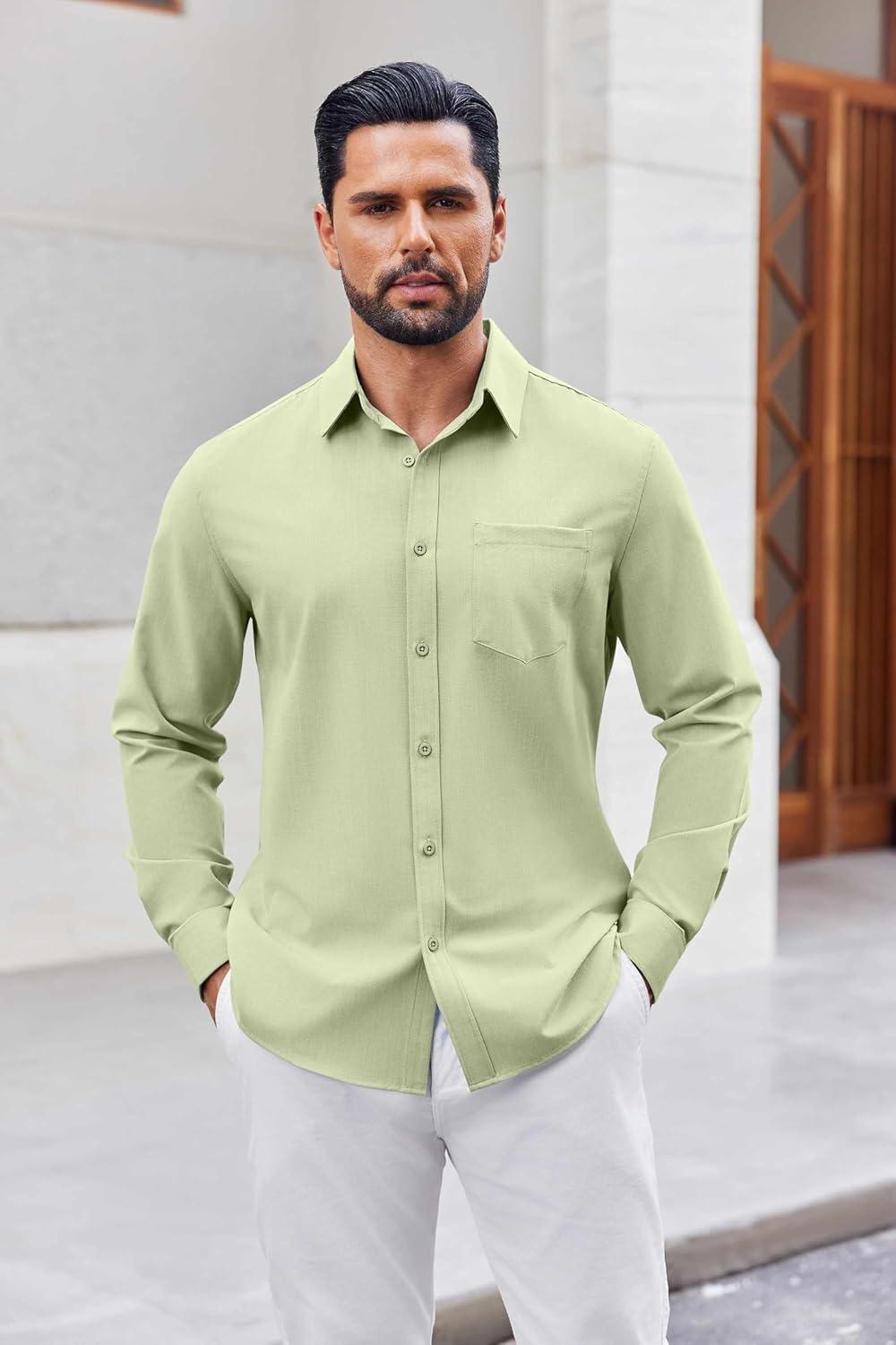 imageCOOFANDY Mens Button Down Shirt Casual Untucked Shirts Long Sleeve Dress Shirt with PocketLight Green