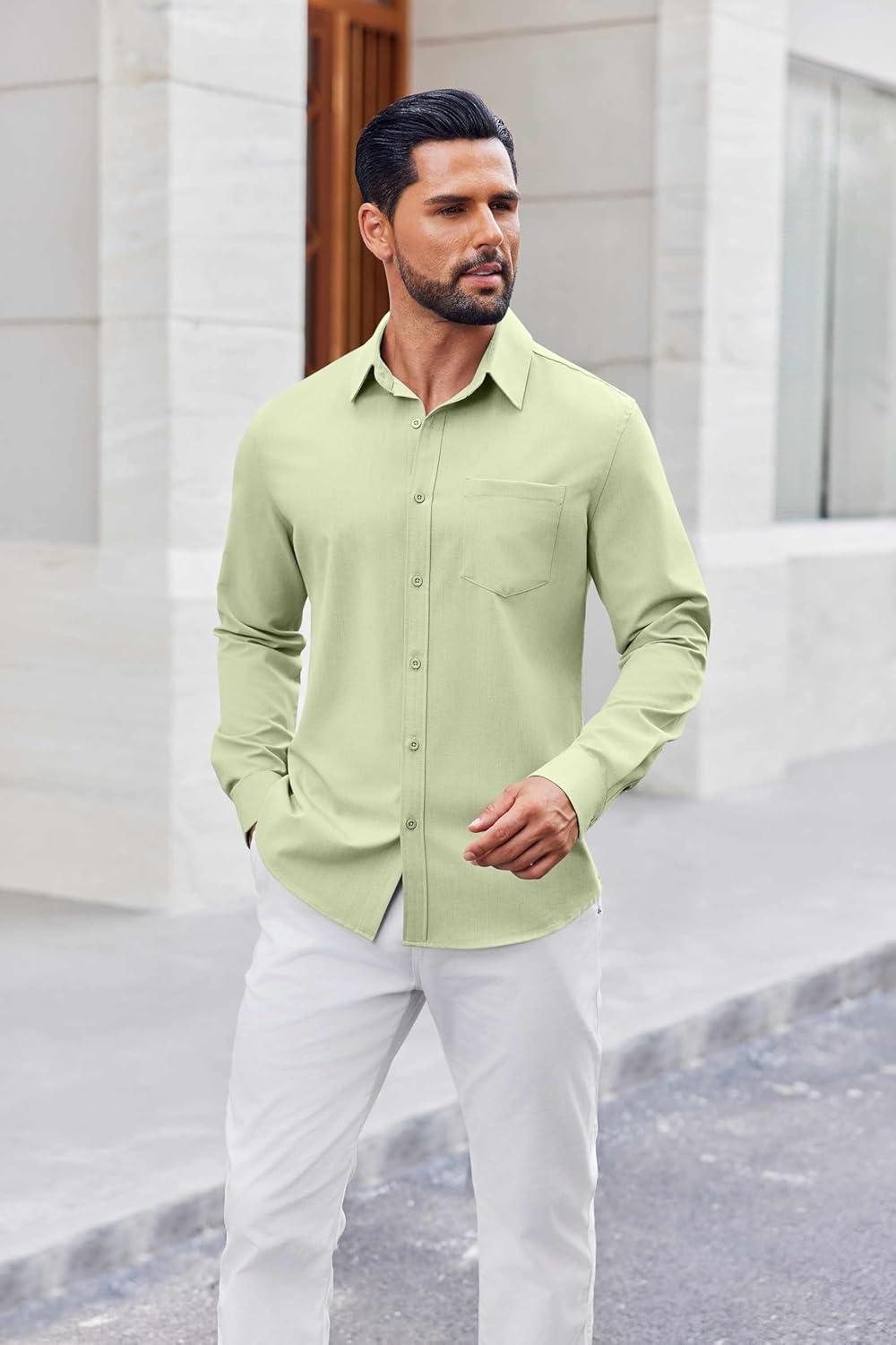 imageCOOFANDY Mens Button Down Shirt Casual Untucked Shirts Long Sleeve Dress Shirt with PocketLight Green