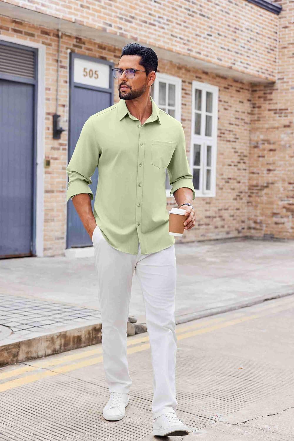 imageCOOFANDY Mens Button Down Shirt Casual Untucked Shirts Long Sleeve Dress Shirt with PocketLight Green