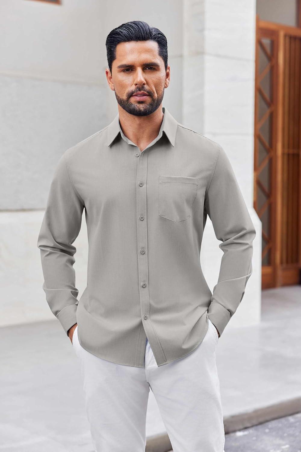 imageCOOFANDY Mens Button Down Shirt Casual Untucked Shirts Long Sleeve Dress Shirt with PocketLight Grey