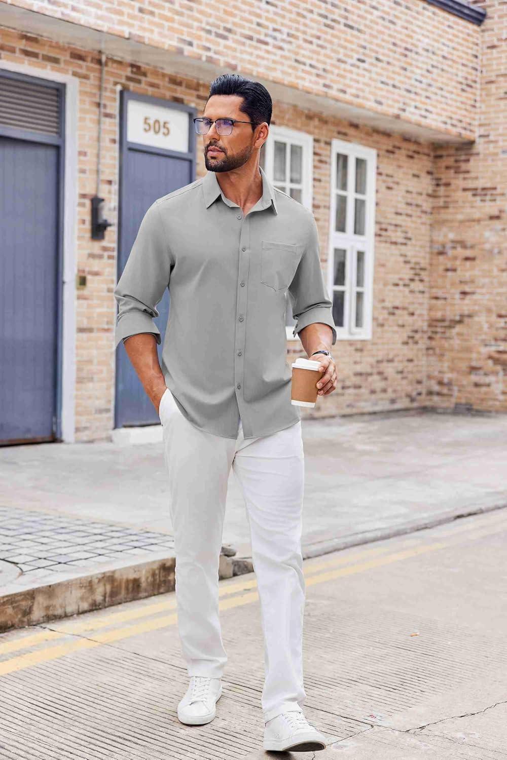 imageCOOFANDY Mens Button Down Shirt Casual Untucked Shirts Long Sleeve Dress Shirt with PocketLight Grey