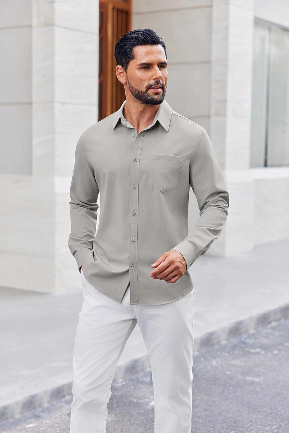 imageCOOFANDY Mens Button Down Shirt Casual Untucked Shirts Long Sleeve Dress Shirt with PocketLight Grey