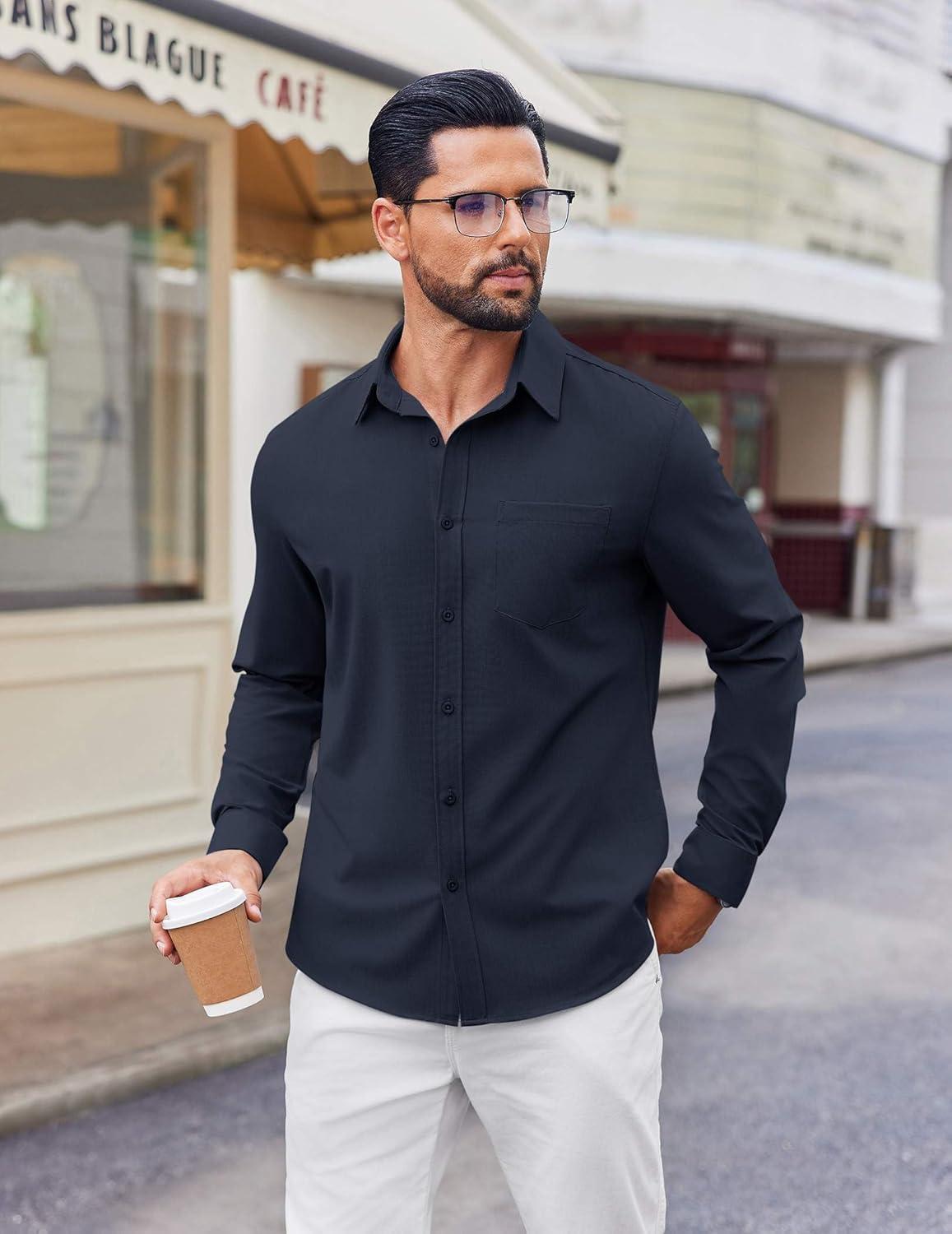 imageCOOFANDY Mens Button Down Shirt Casual Untucked Shirts Long Sleeve Dress Shirt with PocketNavy Blue