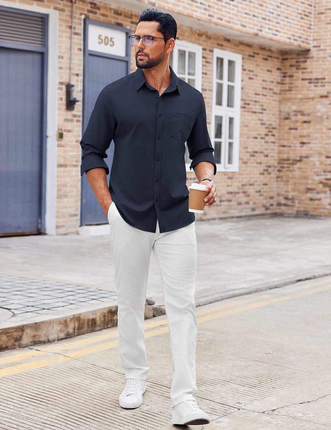 imageCOOFANDY Mens Button Down Shirt Casual Untucked Shirts Long Sleeve Dress Shirt with PocketNavy Blue