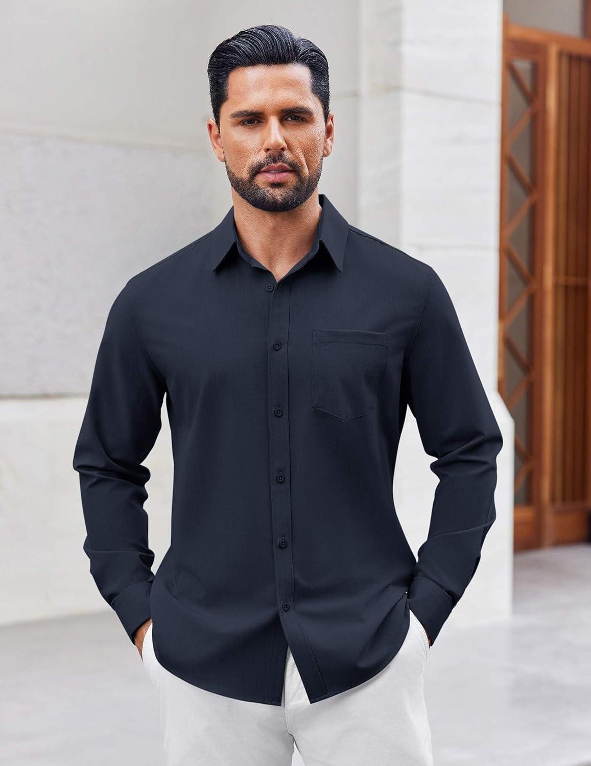 imageCOOFANDY Mens Button Down Shirt Casual Untucked Shirts Long Sleeve Dress Shirt with PocketNavy Blue