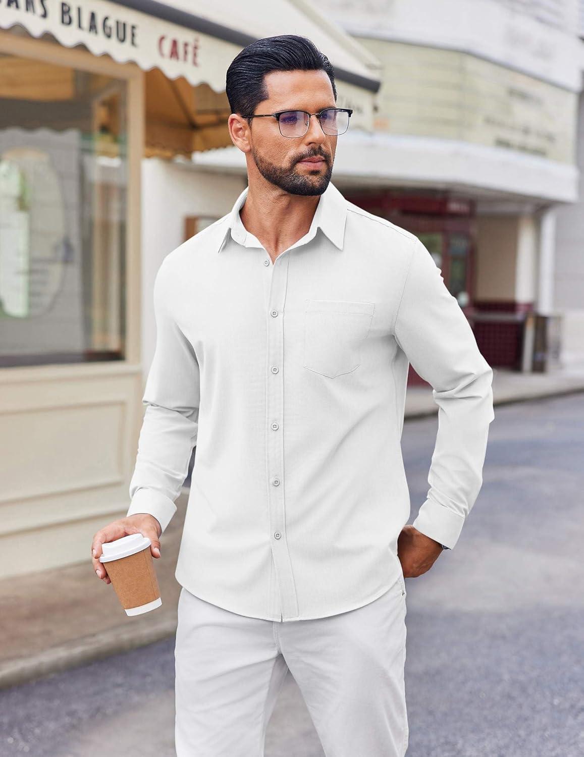 imageCOOFANDY Mens Button Down Shirt Casual Untucked Shirts Long Sleeve Dress Shirt with PocketWhite