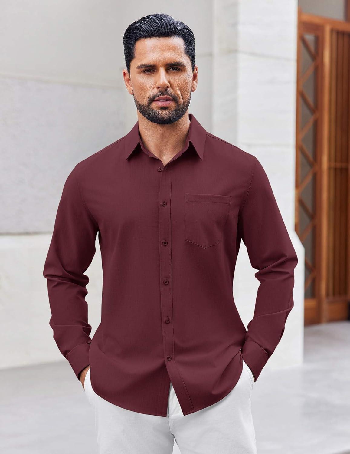 imageCOOFANDY Mens Button Down Shirt Casual Untucked Shirts Long Sleeve Dress Shirt with PocketWine Red