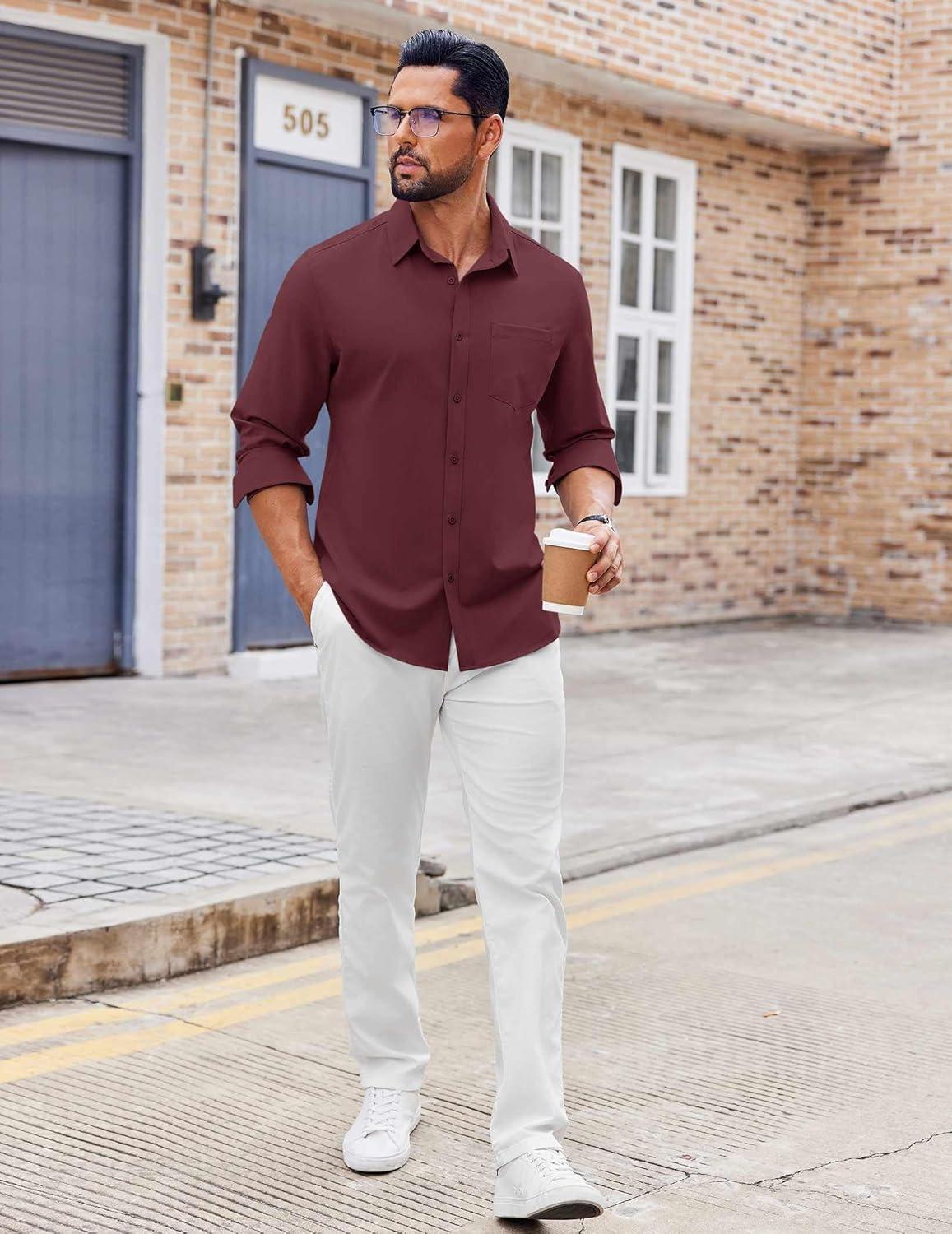 imageCOOFANDY Mens Button Down Shirt Casual Untucked Shirts Long Sleeve Dress Shirt with PocketWine Red