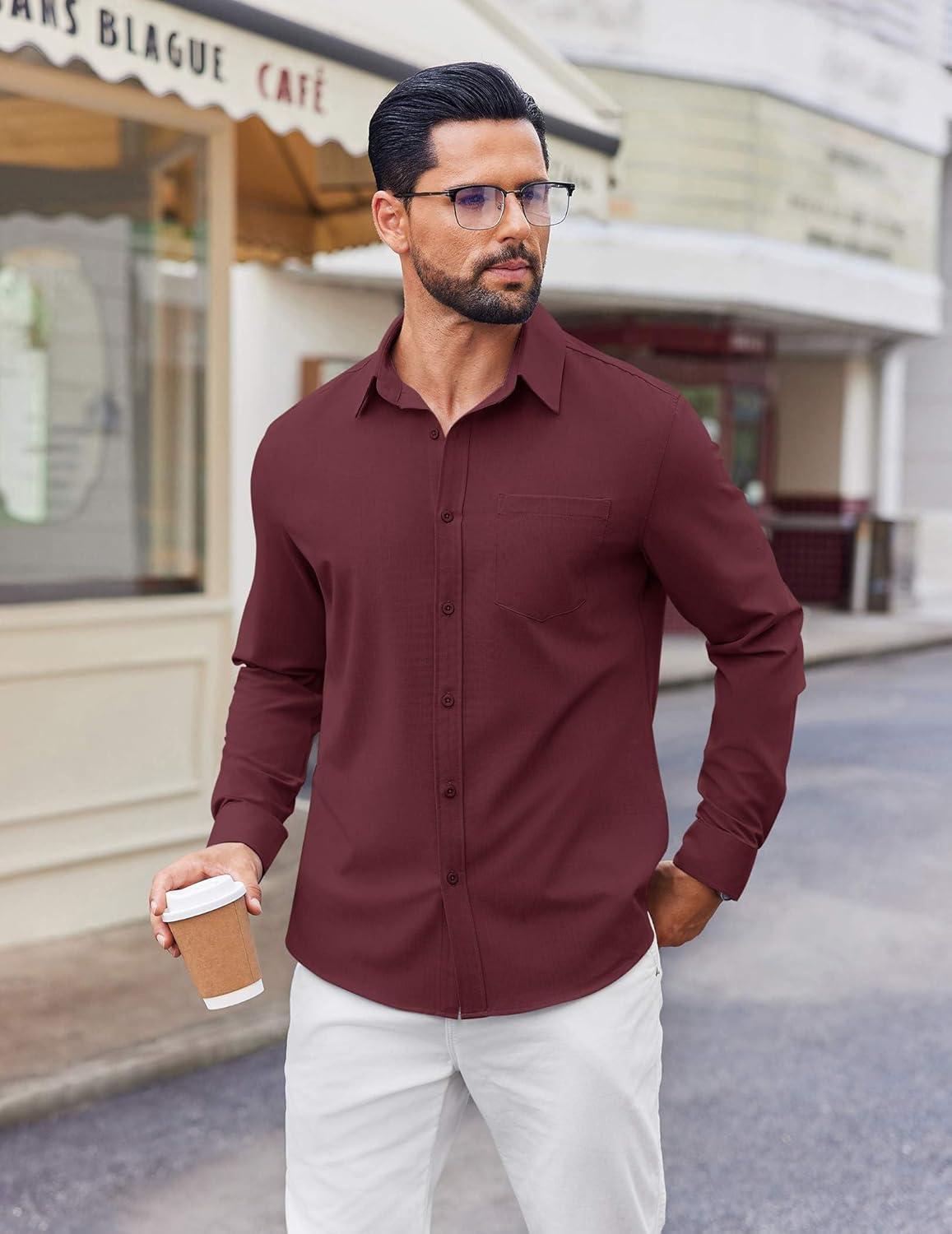 imageCOOFANDY Mens Button Down Shirt Casual Untucked Shirts Long Sleeve Dress Shirt with PocketWine Red