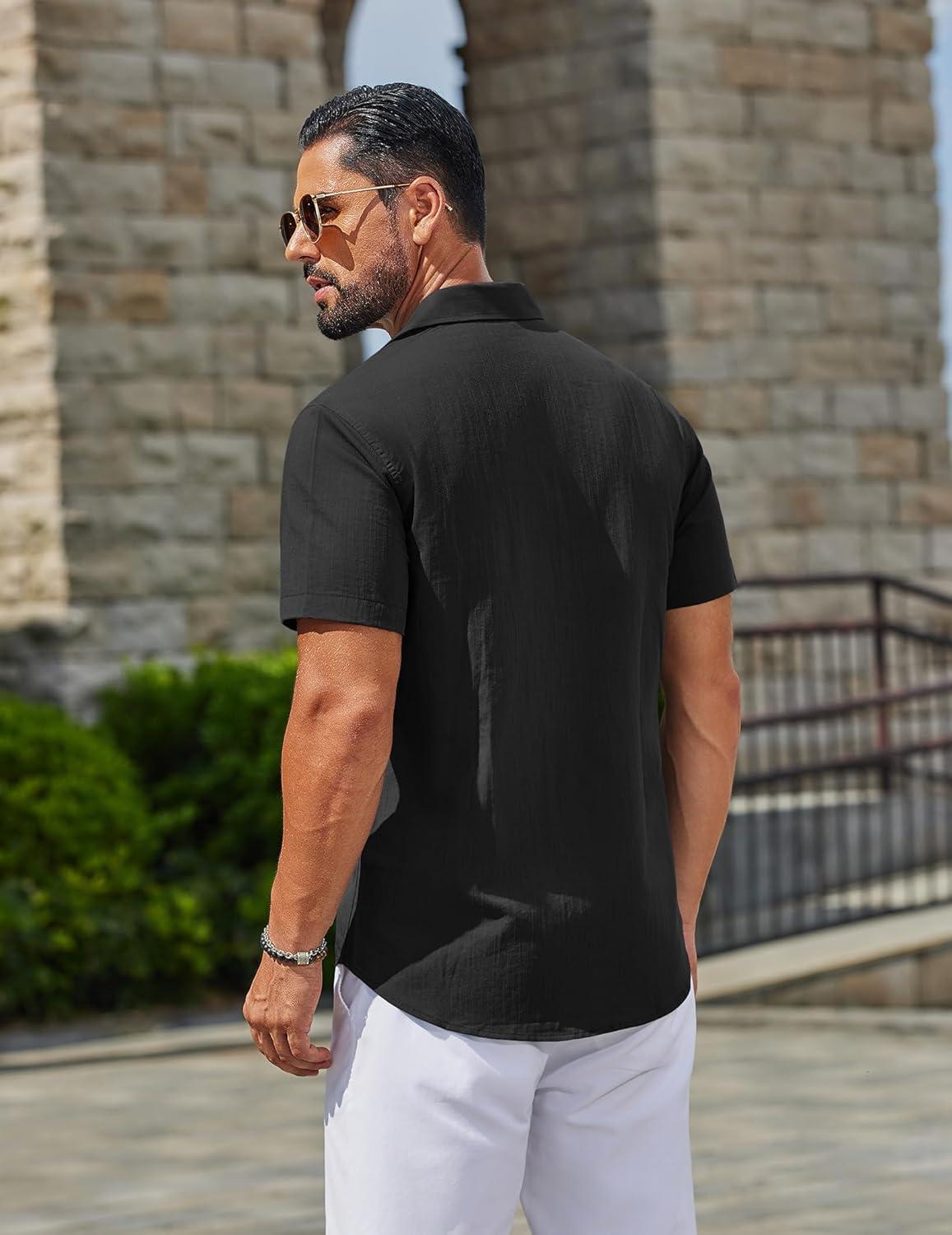 imageCOOFANDY Mens Button Down Shirts Casual Short Sleeve Linen Shirt Summer Beach Top with PocketBlack