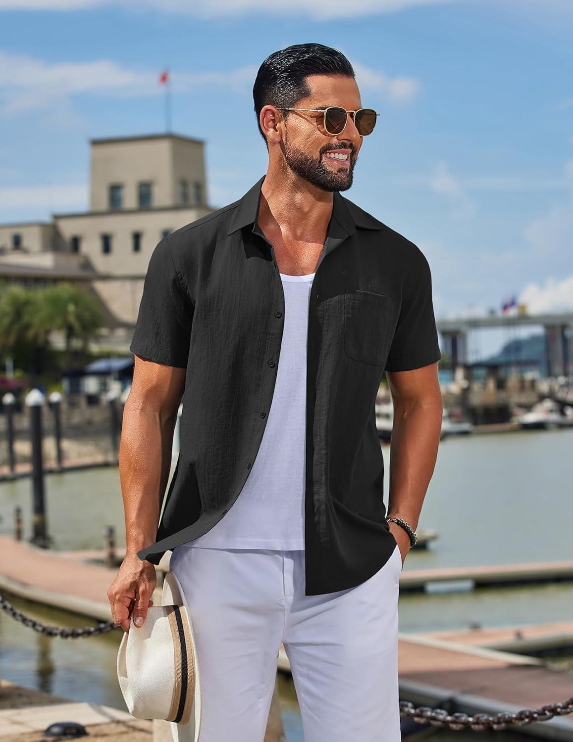 imageCOOFANDY Mens Button Down Shirts Casual Short Sleeve Linen Shirt Summer Beach Top with PocketBlack