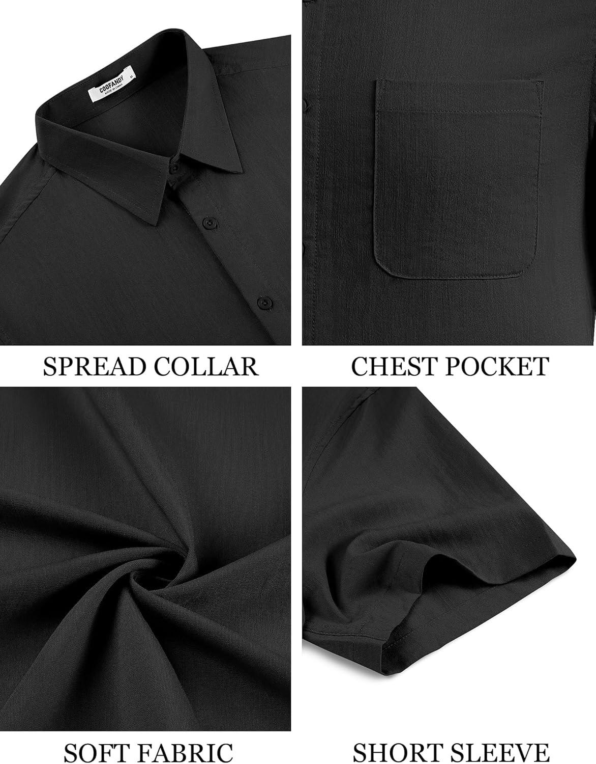 imageCOOFANDY Mens Button Down Shirts Casual Short Sleeve Linen Shirt Summer Beach Top with PocketBlack