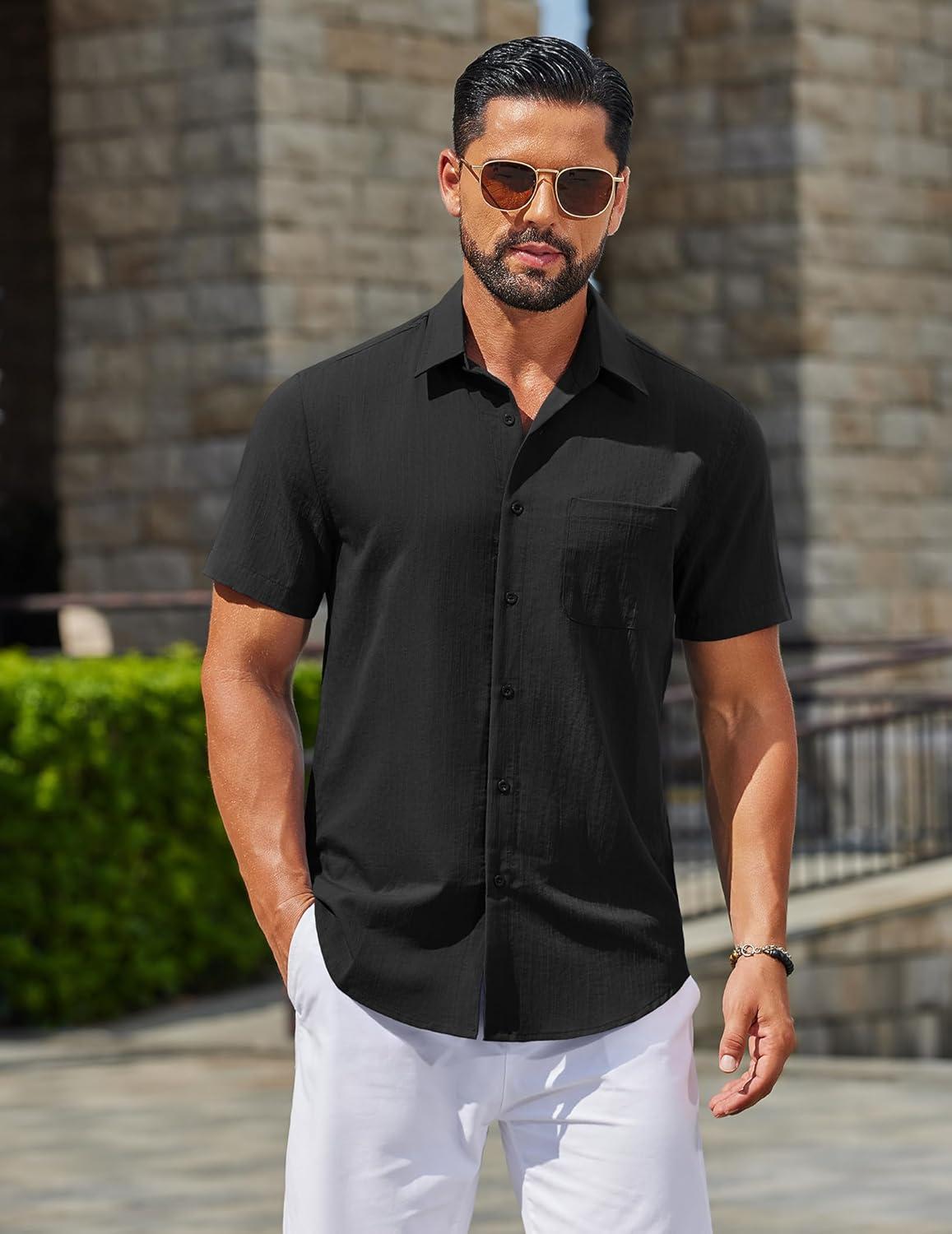 imageCOOFANDY Mens Button Down Shirts Casual Short Sleeve Linen Shirt Summer Beach Top with PocketBlack