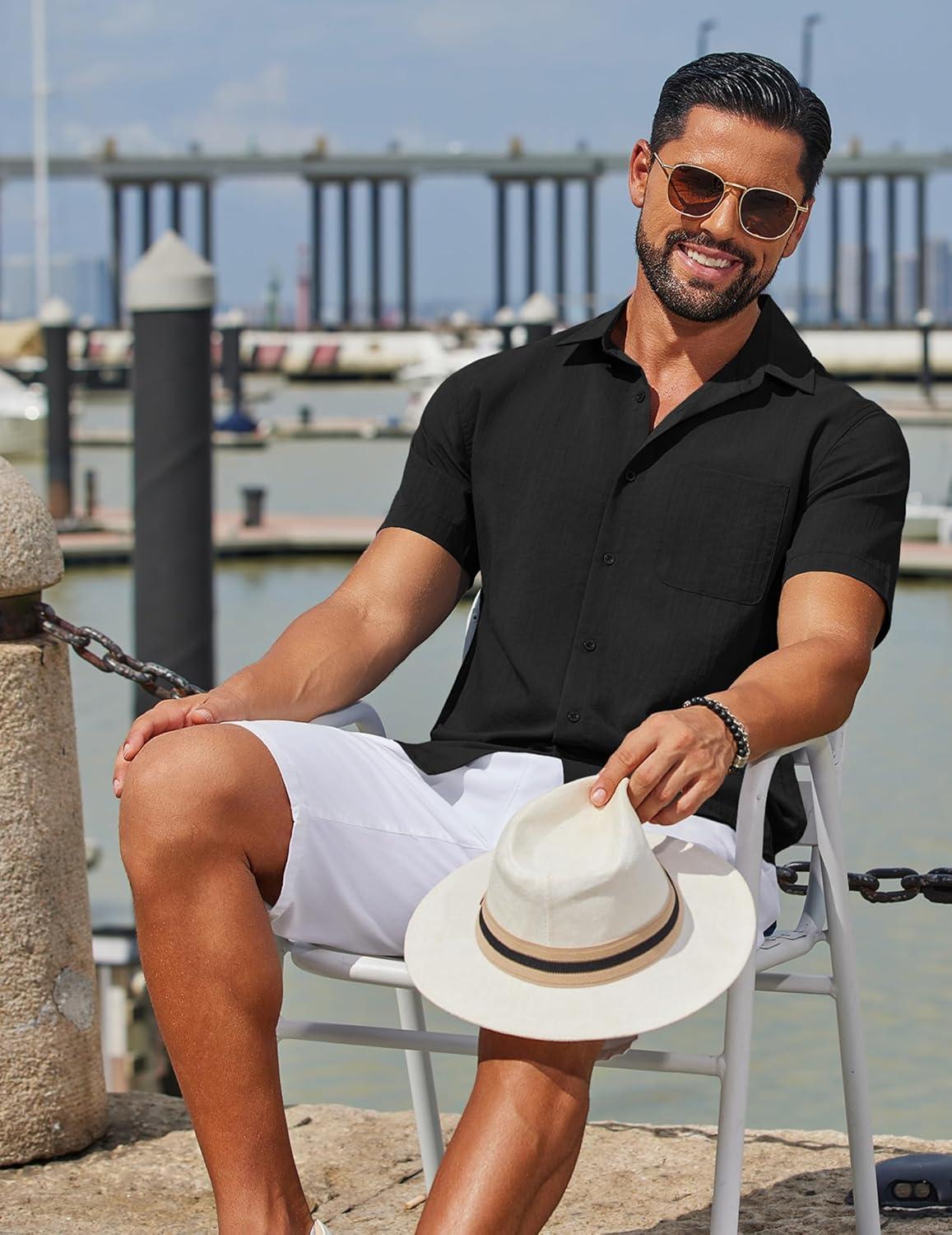 imageCOOFANDY Mens Button Down Shirts Casual Short Sleeve Linen Shirt Summer Beach Top with PocketBlack