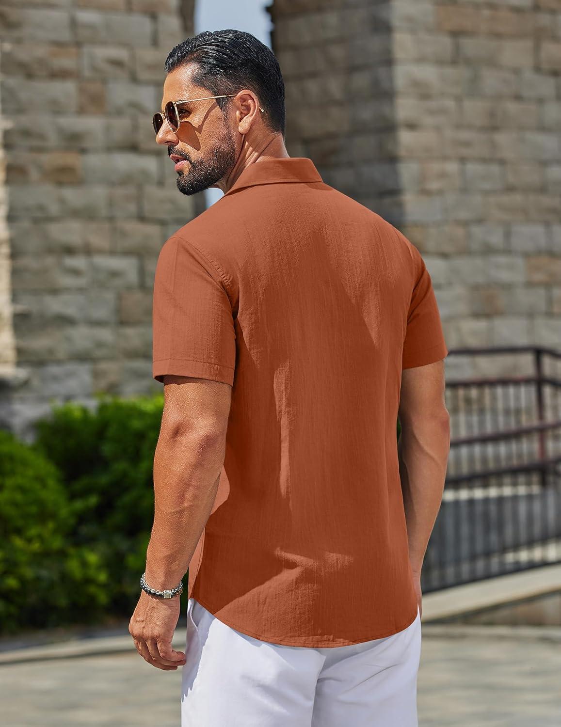 imageCOOFANDY Mens Button Down Shirts Casual Short Sleeve Linen Shirt Summer Beach Top with PocketCaramel