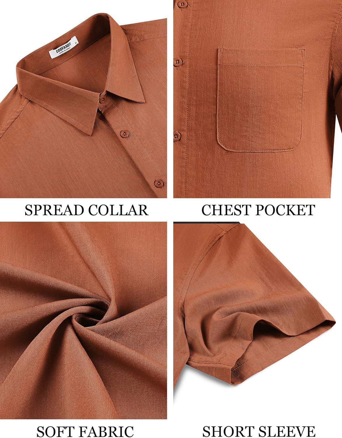 imageCOOFANDY Mens Button Down Shirts Casual Short Sleeve Linen Shirt Summer Beach Top with PocketCaramel
