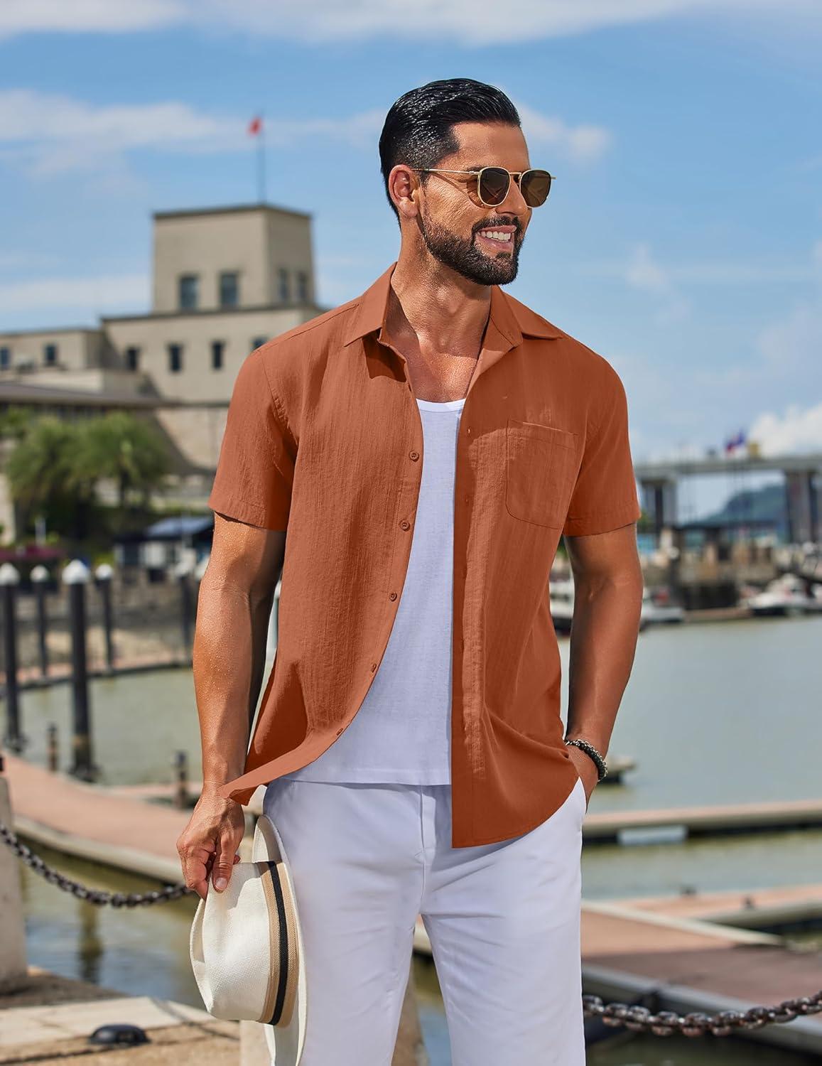 imageCOOFANDY Mens Button Down Shirts Casual Short Sleeve Linen Shirt Summer Beach Top with PocketCaramel