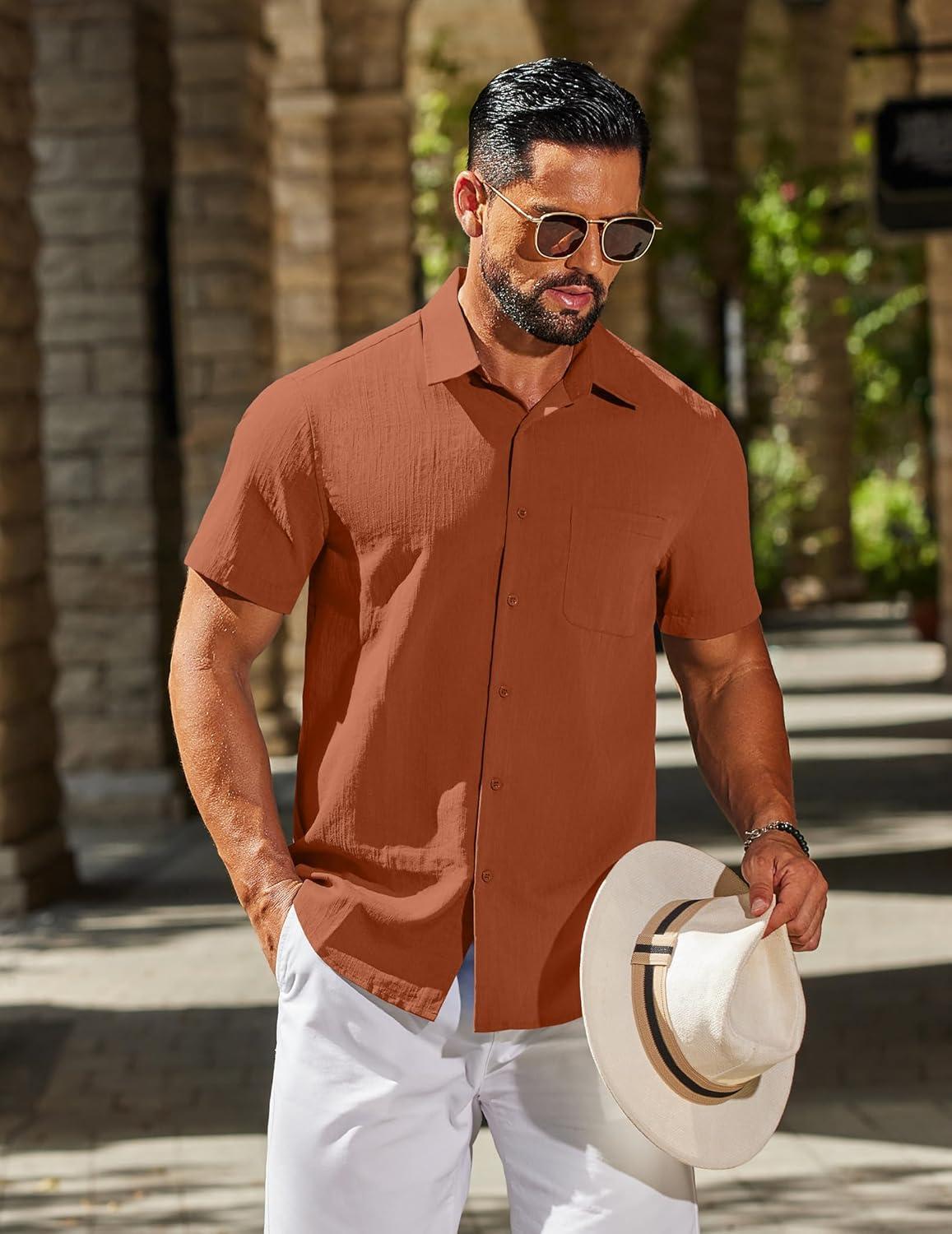 imageCOOFANDY Mens Button Down Shirts Casual Short Sleeve Linen Shirt Summer Beach Top with PocketCaramel