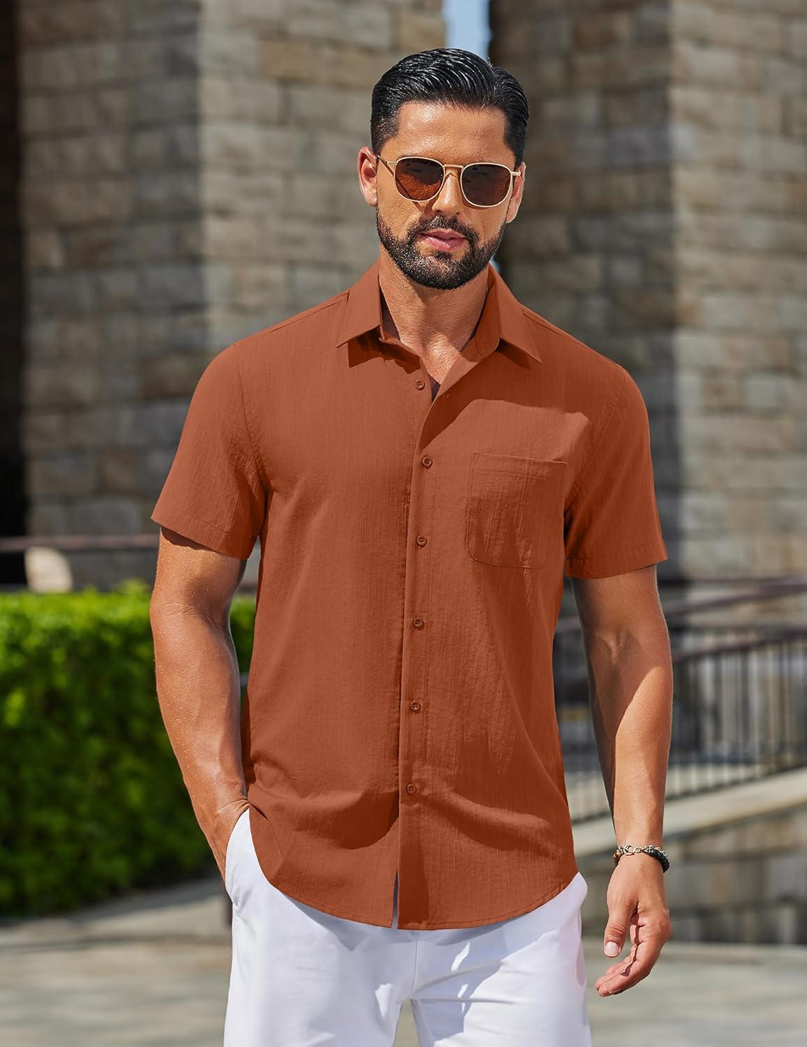 imageCOOFANDY Mens Button Down Shirts Casual Short Sleeve Linen Shirt Summer Beach Top with PocketCaramel