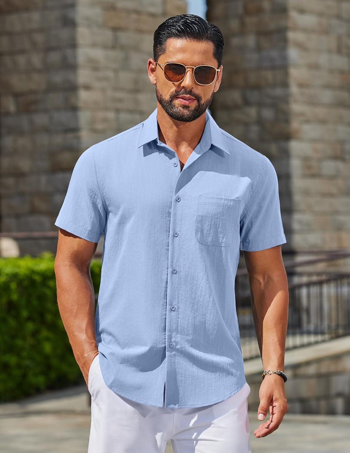 imageCOOFANDY Mens Button Down Shirts Casual Short Sleeve Linen Shirt Summer Beach Top with PocketLight Blue